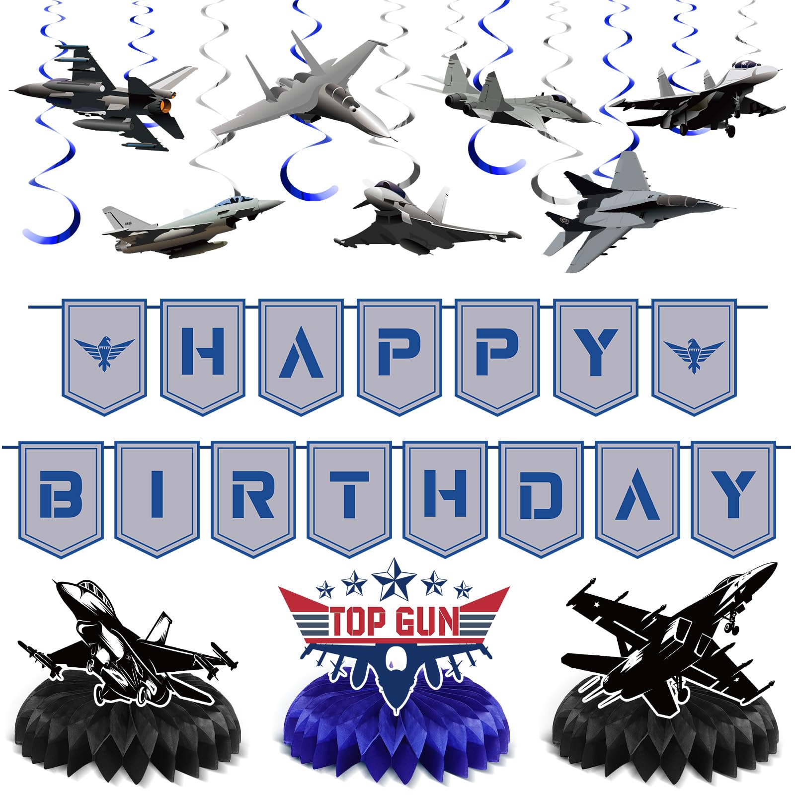 Fighter Jet Birthday Party Decorations Military Airplane Fighter Pilot Birthday Banner Hanging Swirls Honeycomb Centerpiece Fighter Pilot Airplane Air
