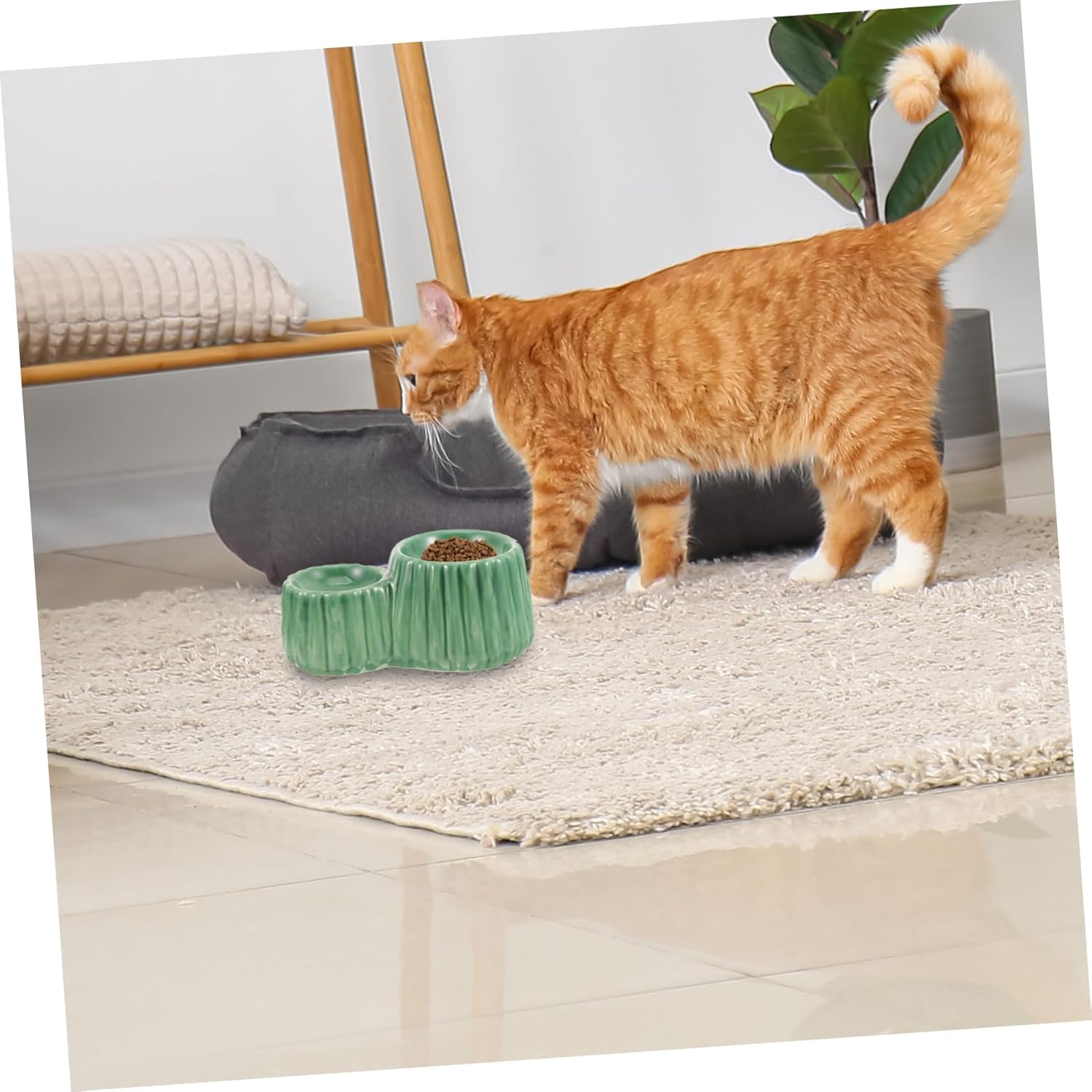 Elevated Ceramic Cat Bowl with Sloped Design for Comfortable Eating Non-tip Raised Pet Feeder for Cats and Dogs Easy-Clean Smooth Surface Stable and Reusable Green Dual-Bowl