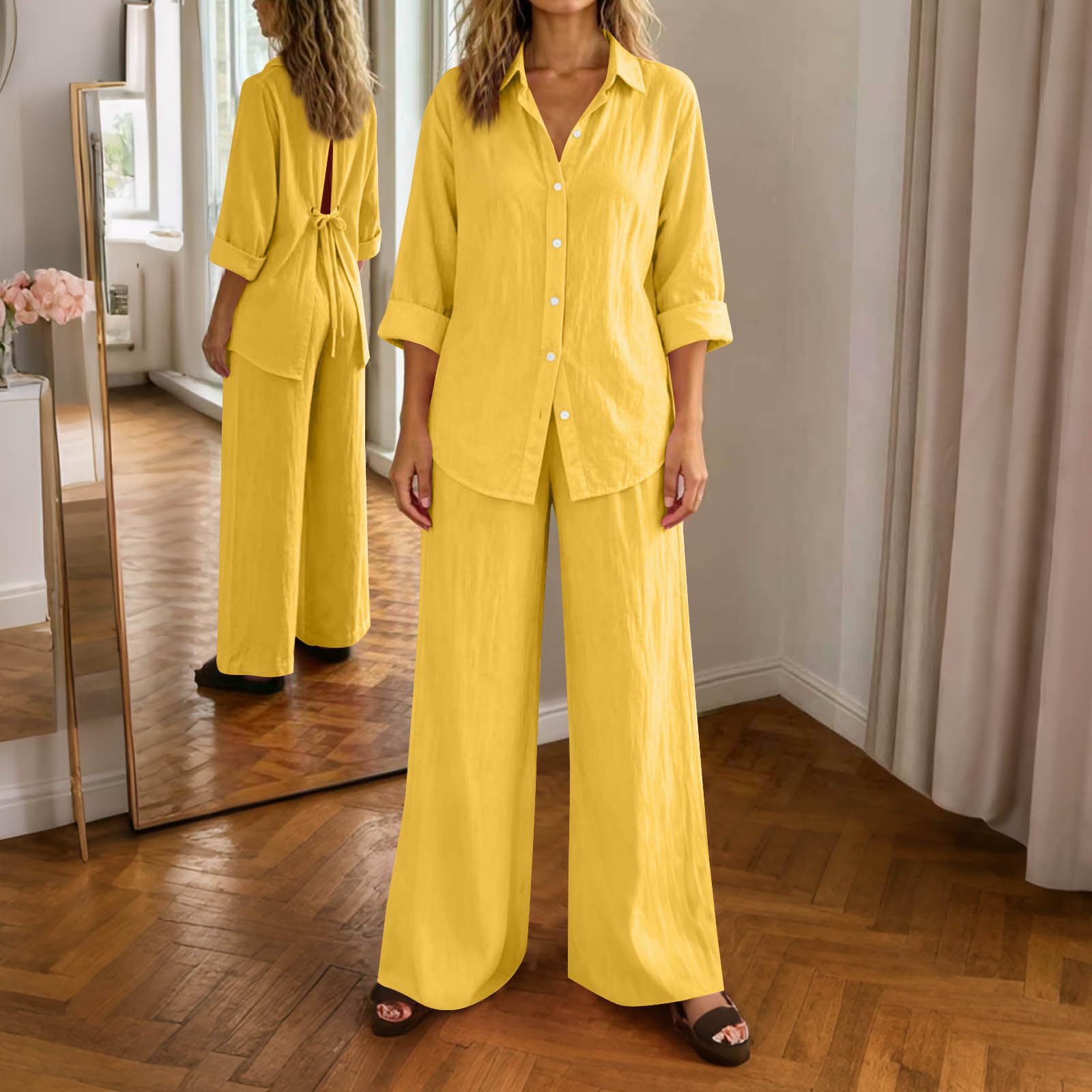 Mock Linen Co Ord Set per le donne Plus Size Casual 2 pezzi Abiti a maniche lunghe Button Down Camicia a gamba larga Pantaloni Loungewear Set Casual Allentato Tie Back Tute Da Viaggio Set Aeroporto