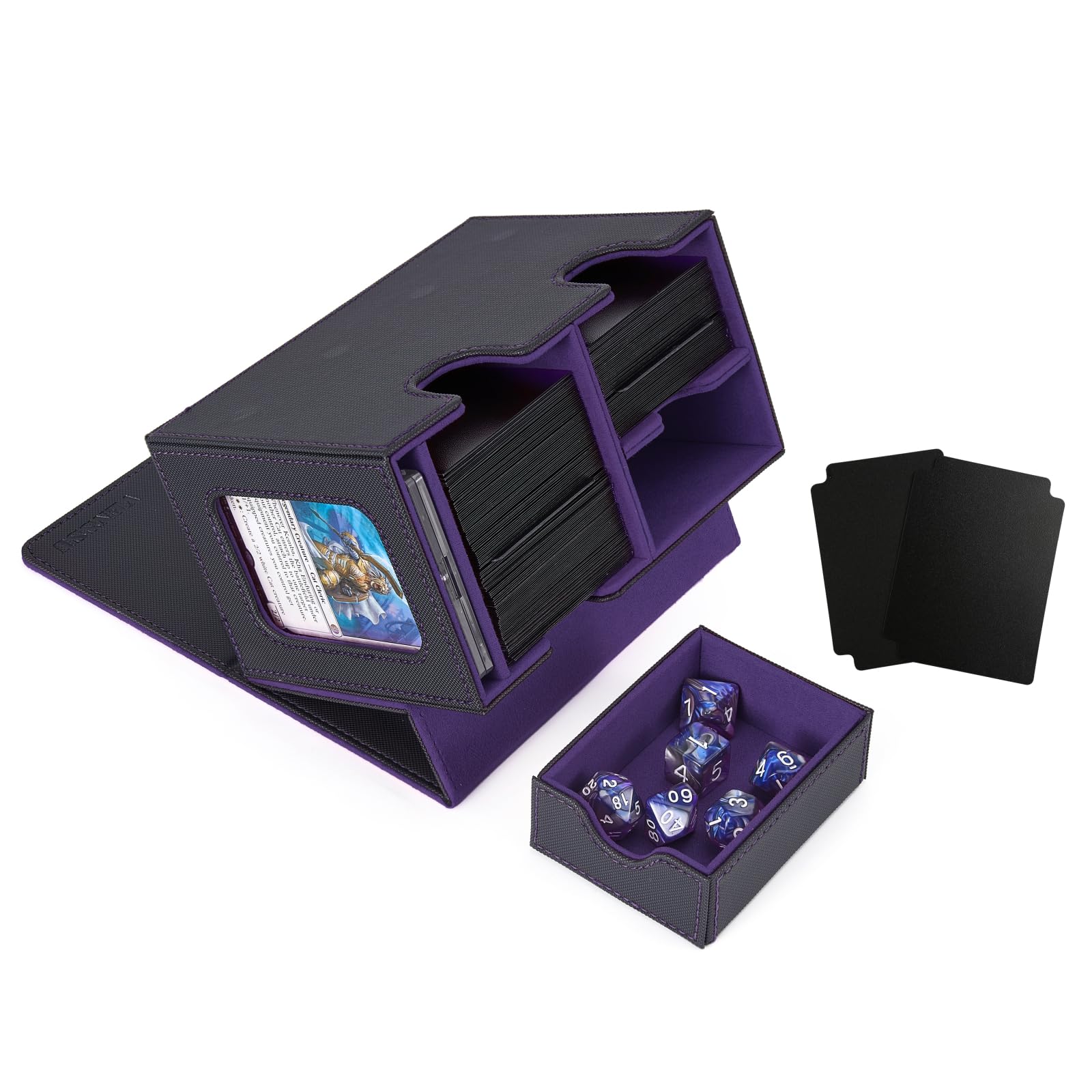 Venssu MTG - Caja para cartas Commander o Prime con bandeja de dados, caja de cartas para 200 tarjetas de una sola manga, caja de almacenamiento de tarjetas TCG con 2 separadores y 1 tarjetero