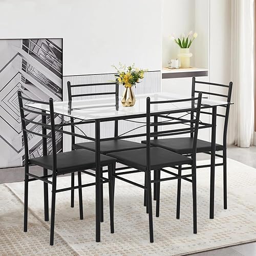 Miniatura 7 de FDW Juego de mesa de comedor clásica de 5 piezas, mesa superior de vidrio con marco de metal y 4 sillas modernas rectangulares, juego de mesa de