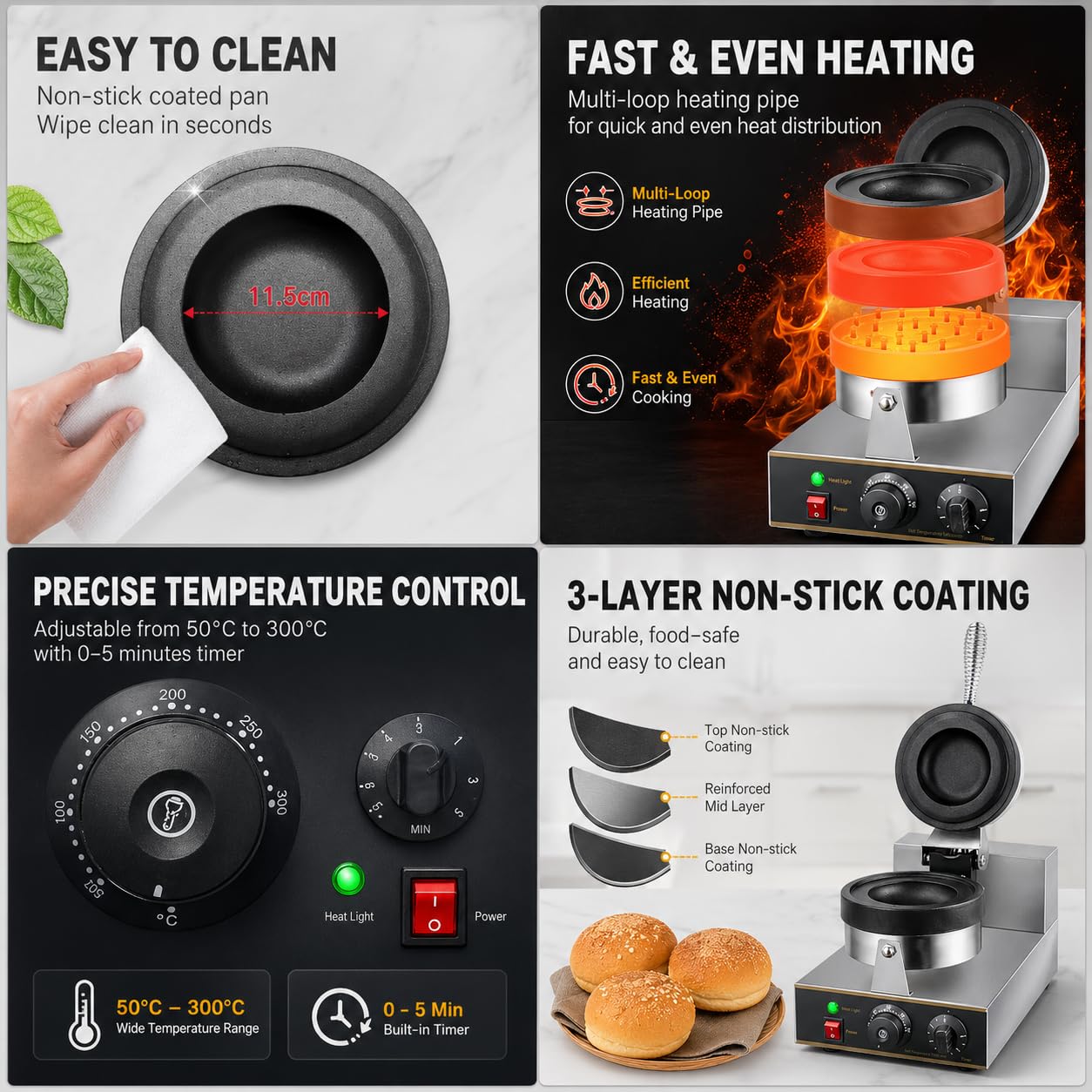 Piastra Elettrica per Waffle, Macchina per Hamburger Ufo da 1300 W, Macchina per Panini Antiaderente Commerciale, Temperatura Regolabile da 50 a 300 ℃, Acciaio Inossidabile per Uso Domestico