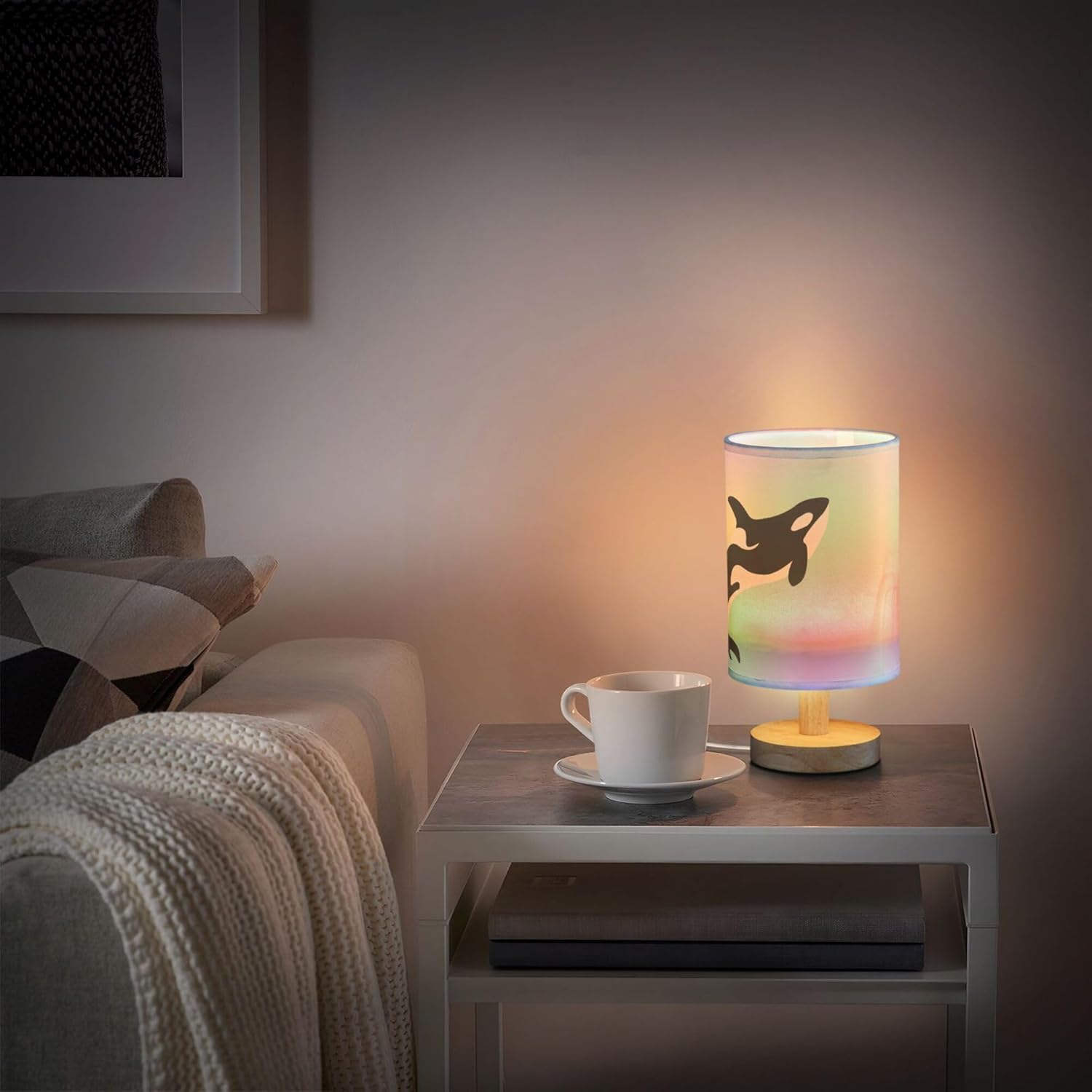 Table Lamp Killer Whale in Swimming Pool Orca Swim in Water on Pastel Color Nightstand Lamp with Wood Base Fabric Lamp Shade Bedside Desk Lamp for Living Room Bedroom Kids Room Office