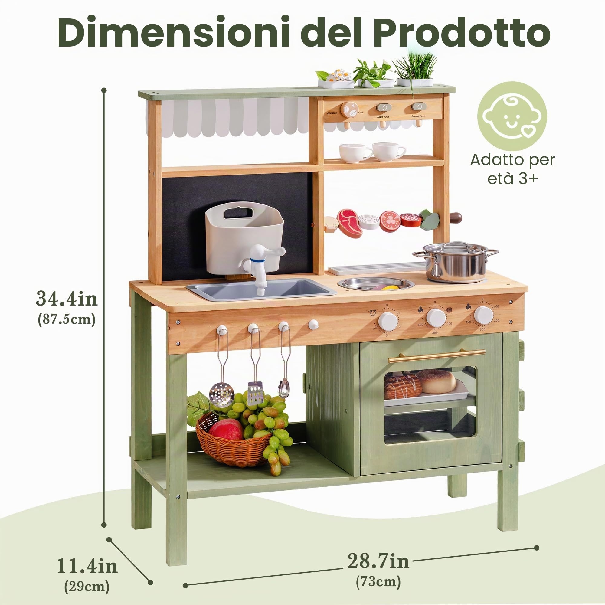 ROBUD Cucina in legno per bambini, 17 pezzi di cucina finta con lavello, lavagna e accessori da cucina, cucina giocattolo all'aperto per barbecue, set di giochi educativi per bambini dai 3 anni in su