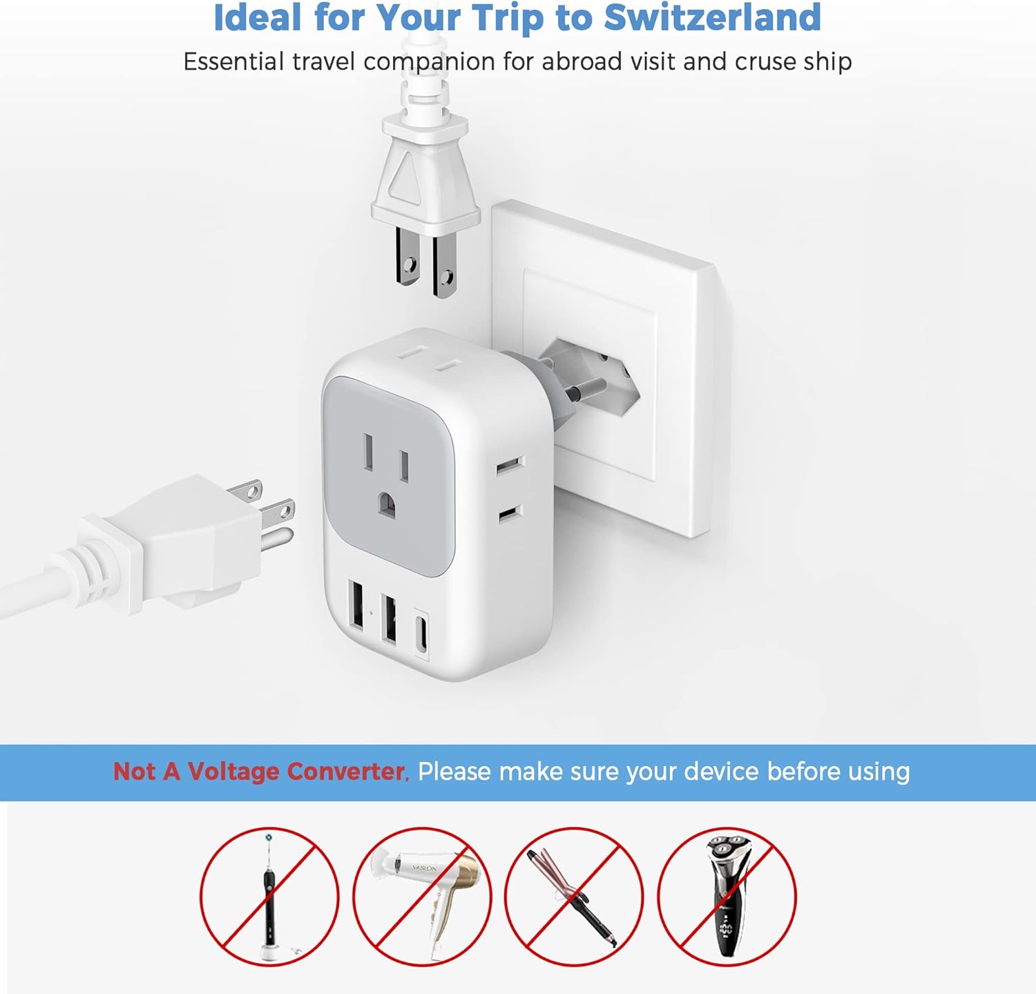 TESSAN European Travel Plug Adapter, Europe Adapter with 4 Outlets and 3 USB(1 USB C PD 20W), International Foldable Plug Type C Power Adaptor for EU Spain France Italy Germany Portugal Iceland main image 0
