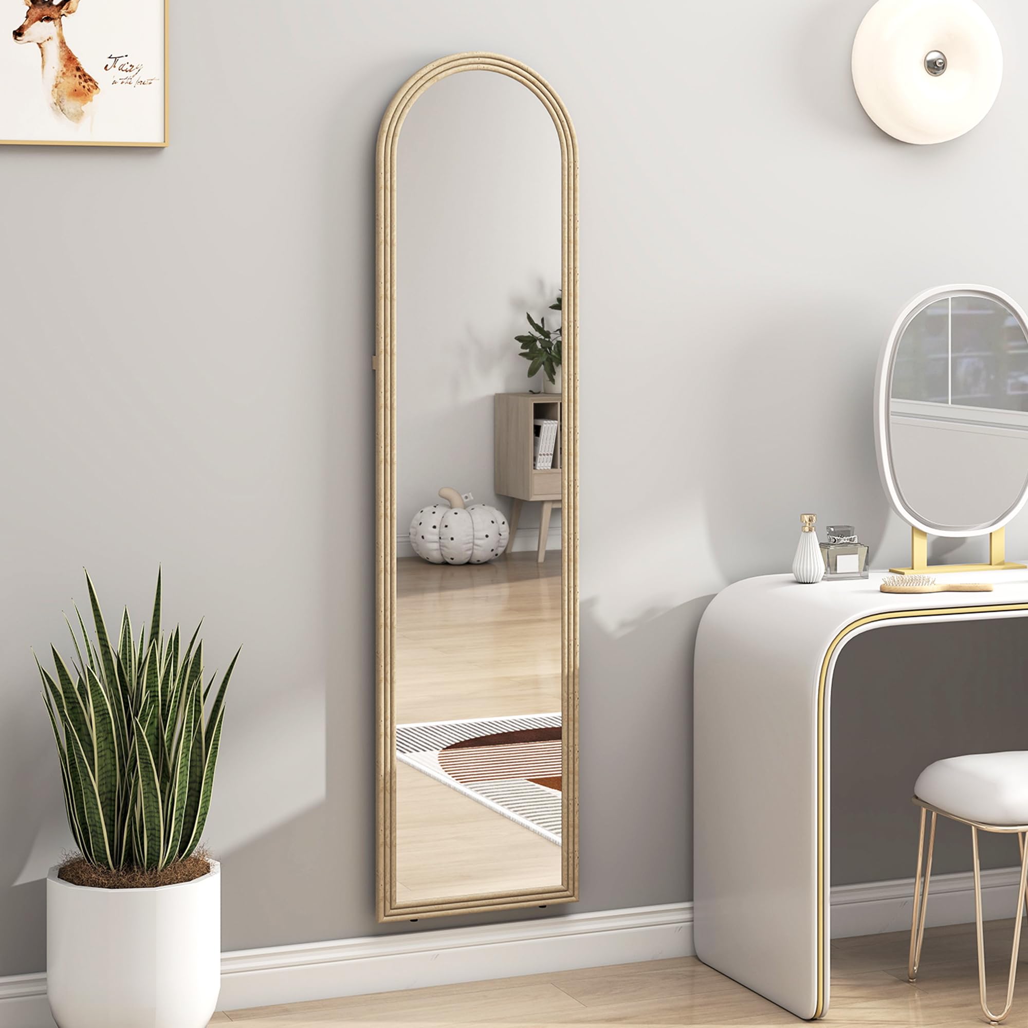 HOMCOM Espejo de Pie Cuerpo Entero 160x40 cm con Marco Efecto Piedra, Espejo de Pared Rectangular para Colgar o Apoyar, 2 Modos de Uso, para Dormitorio, Salón y Entrada, Beige