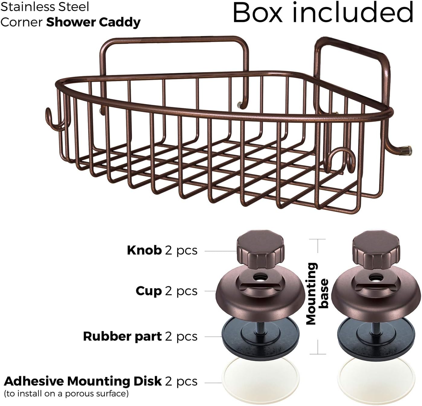 HASKO accessories Corner Shower Caddy with Suction Cup - 304 Stainless Steel Shower Shelf - Adhesive 3M Stick Discs Included - Bath Caddy with Hooks - Basket for Bathroom and Kitchen Storage (Bronze)