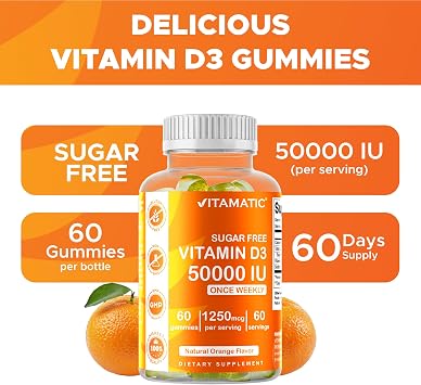 Vitamatic Sugar Free Vitamin D3 50,000 IU Weekly Supplement 60 Pectin-Based Gummies High-Potency Vitamin D for Bone, Teeth & Immune Support