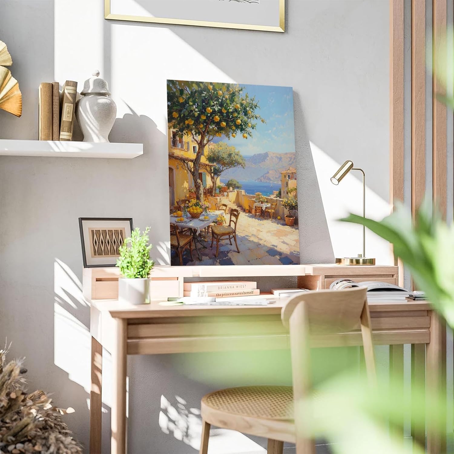 Sunlit mediterranean terrace canvas painting lush lemon tree trellis dining table setting wooden chairs rustic yellow walls coastal landscape azure water citrus textured brushstrokes home decor
