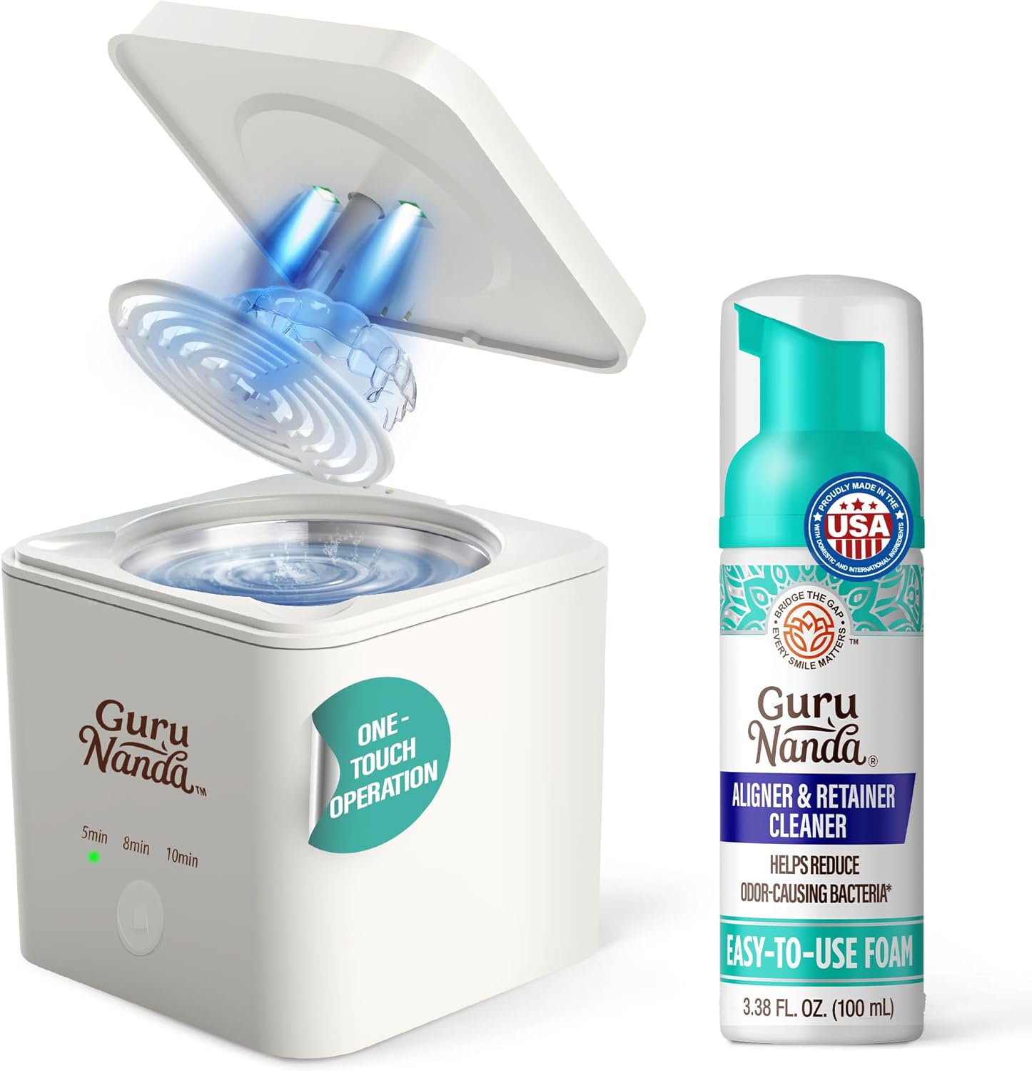 GuruNanda Retainer Cleaner Set – Ultrasonic & UV Cleaning Pod & Aligner Cleaning Foam, Deep Clean & Odor Neutralization for Retainers, Aligners, Dentures & Mouthguards