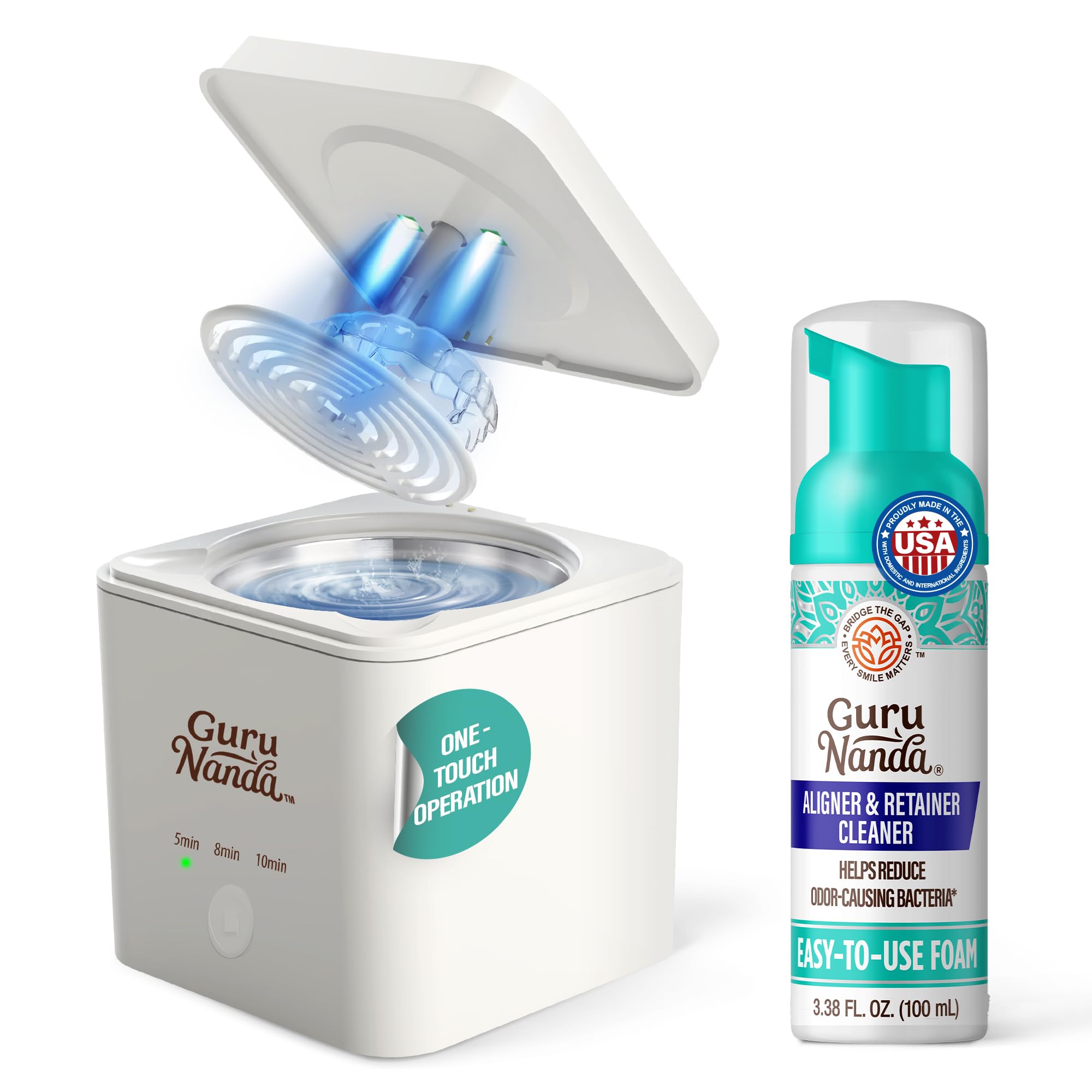 GuruNanda Retainer Cleaner Set – Ultrasonic & UV Cleaning Pod & Aligner Cleaning Foam, Deep Clean & Odor Neutralization for Retainers, Aligners,
