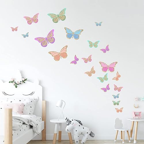 Miniatura 6 de Calcomanías para decoración de pared con mariposas brillantes, 58 unidades, calcomanías luminosas de pared de mariposas, arte de pared colorido,
