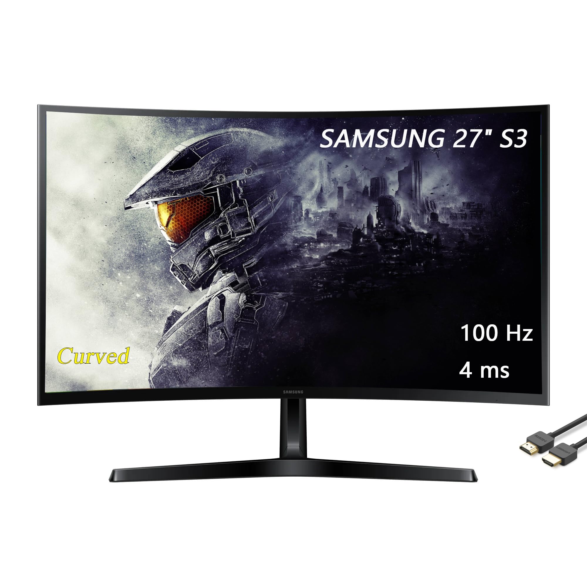 SAMSUNG 27\" Essential S3 Series FHD LED Monitor, 1800R, Game Mode, 100Hz Refresh Rate, Dual Ports, Eye Comfort, Black, with HDMI Cable
