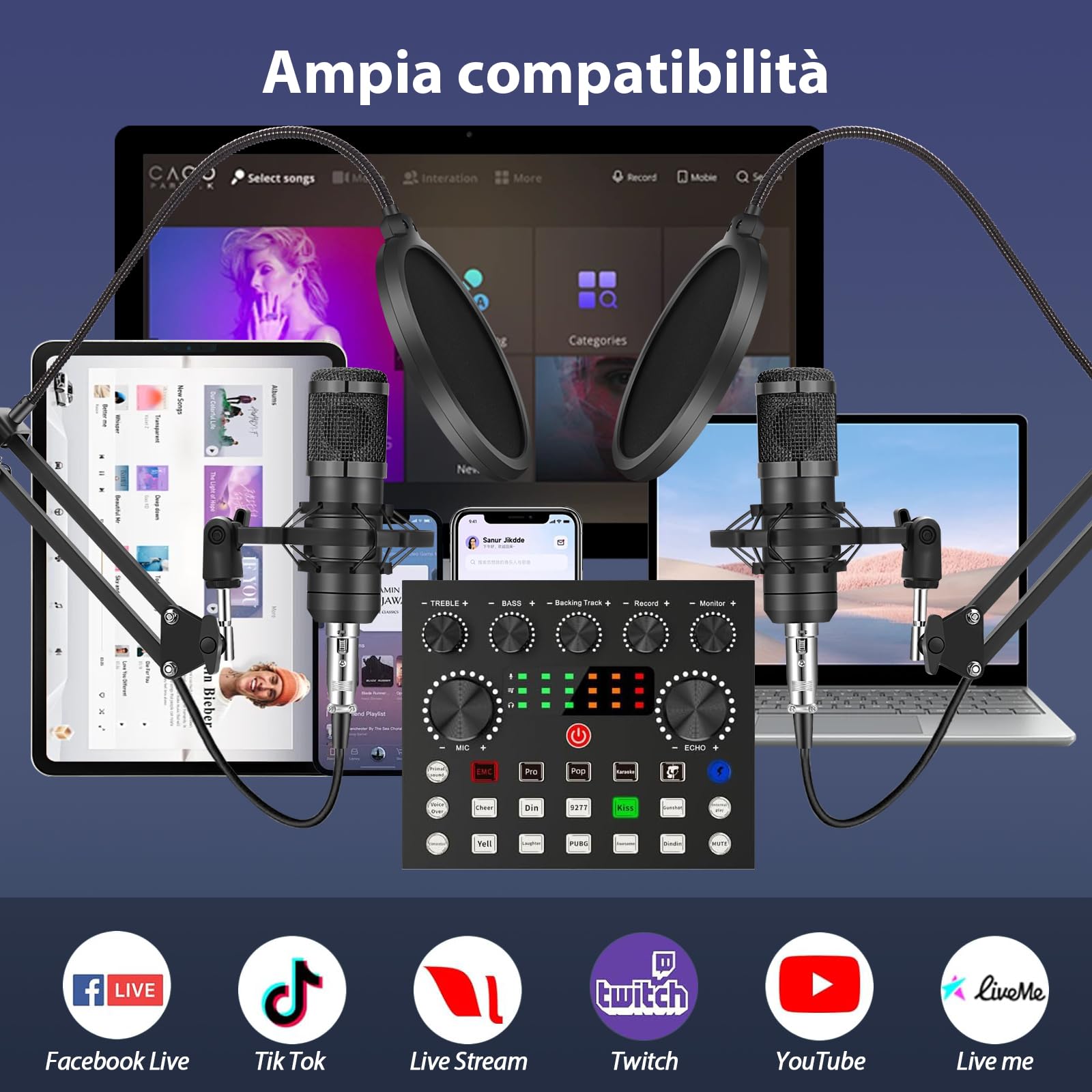 Brvomussy Kit Attrezzatura Podcast per 2, Persone con Modulatore Vocale & Microfono a Condensatore -Pacchetto microfono per podcast, Registrazione, Canto, Streaming e Gaming