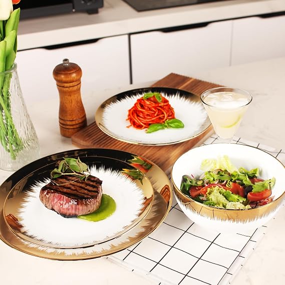 4 Pack 8 Gold Ceramic Charger Plates Reusable, Gilt-rimmed Charger Design Plates - Perfect for Wedding, Party Decorations, Banquet, Upscale Occasions, Birthday Celebrations