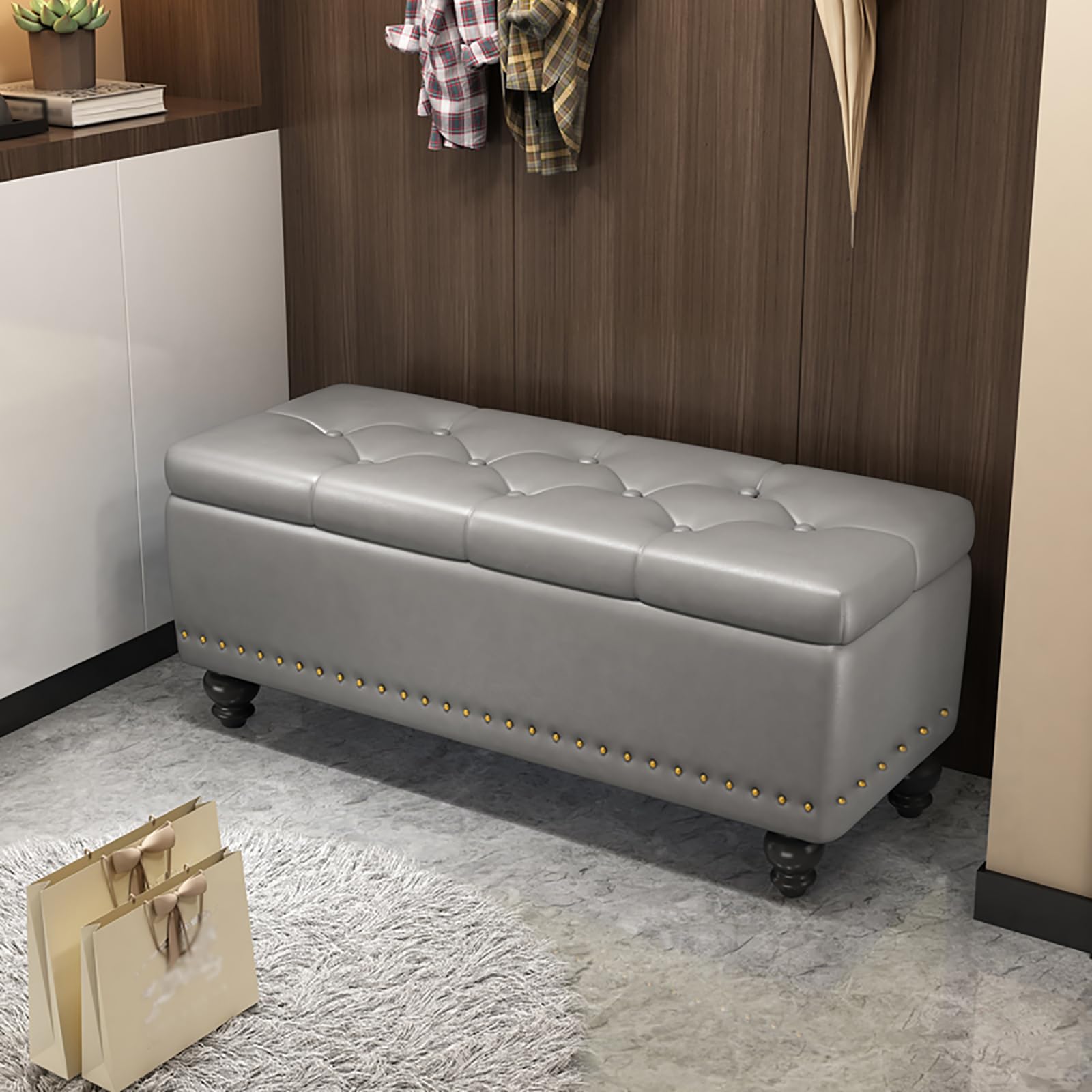 Banc de rangement en bois gris clair 60x40x43 cm rembourré pour chambre