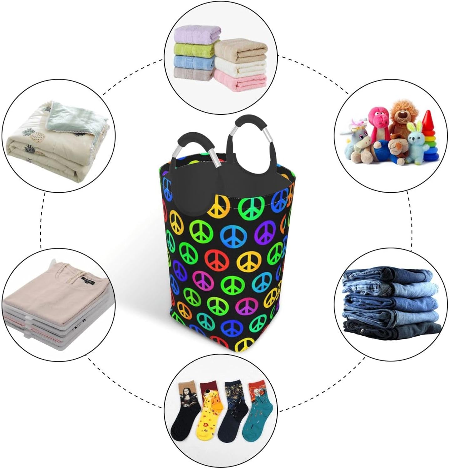 50l Laundry Basket Colorful Peace Pattern Waterproof Laundry Hamper Foldable Clothes Laundry Bag With Handles