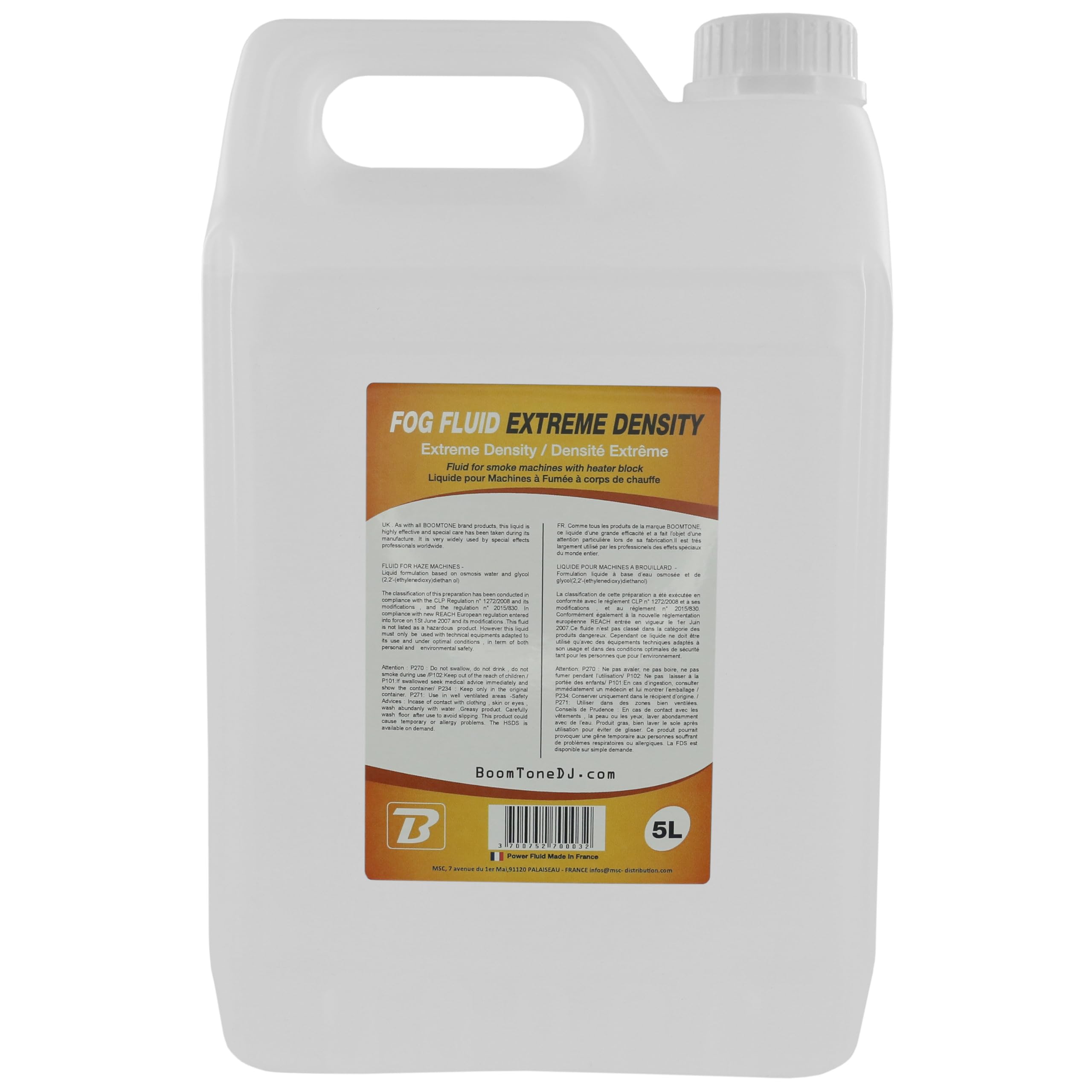 Fog Fluid Extrem Density pour machine à fumée 5L, haute densité, biodégradable, non toxique, BoomToneDj, parfait pour vos évènements professionnels ou personnels.