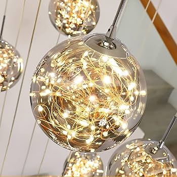 Kinbolas Suspension Pour Cage D'escalier Avec 15 Boules En Verre, Lustre Moderne Réglable En Hauteur Pour Escalier, Couloir, Avec Cordon LED 4000 K-60 × 300 Cm, Gris
