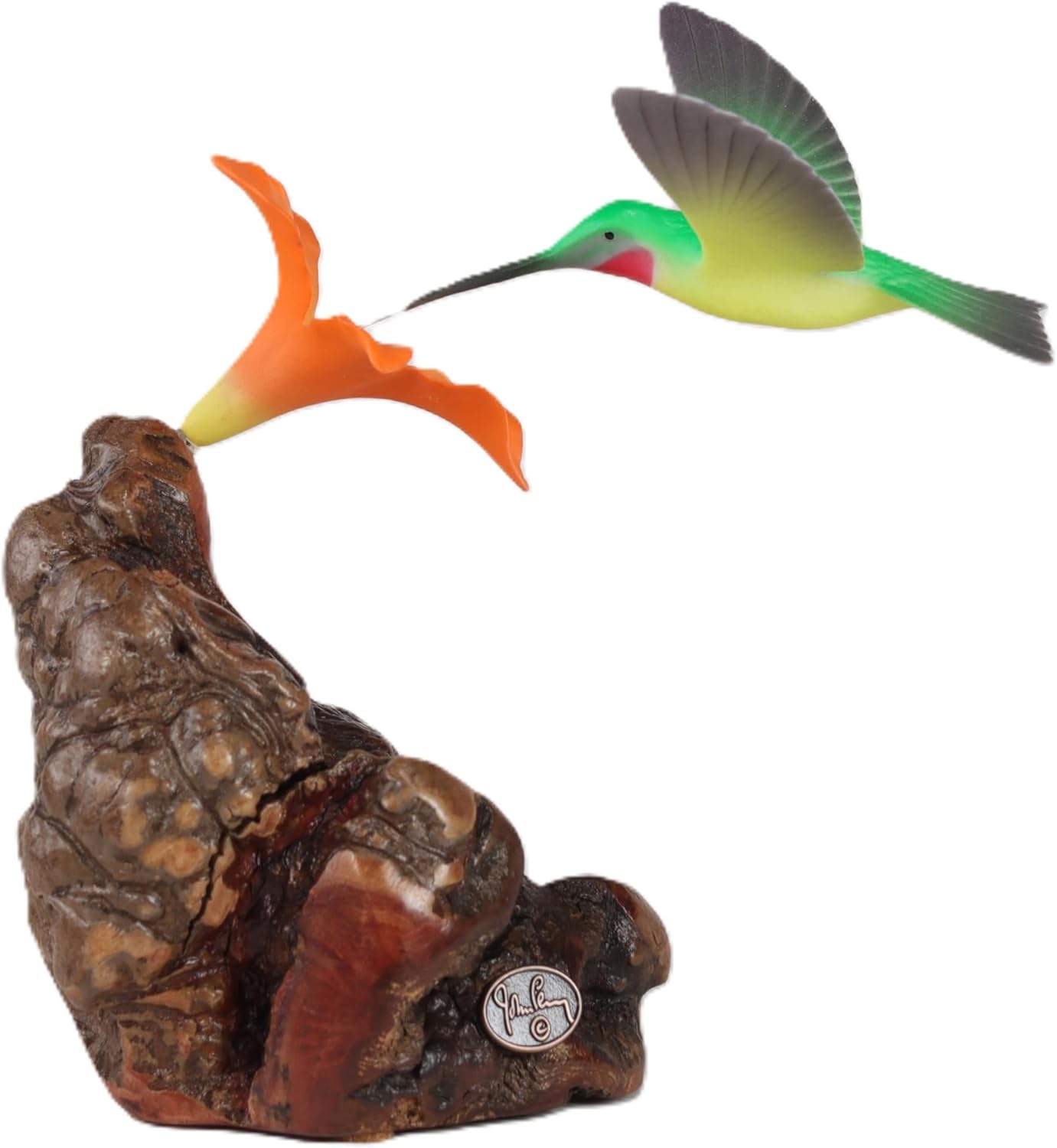 Hummingbird Sculpture w/Orange Flower by John Perry on Burl Wood 5in Wing Span. Signed