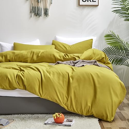 Miniatura 5 de Luxlovery Chartreuse Juego de edredón moderno en color verde musgo amarillento, juego de cama de 3 piezas, suave y transpirable, tamaño King