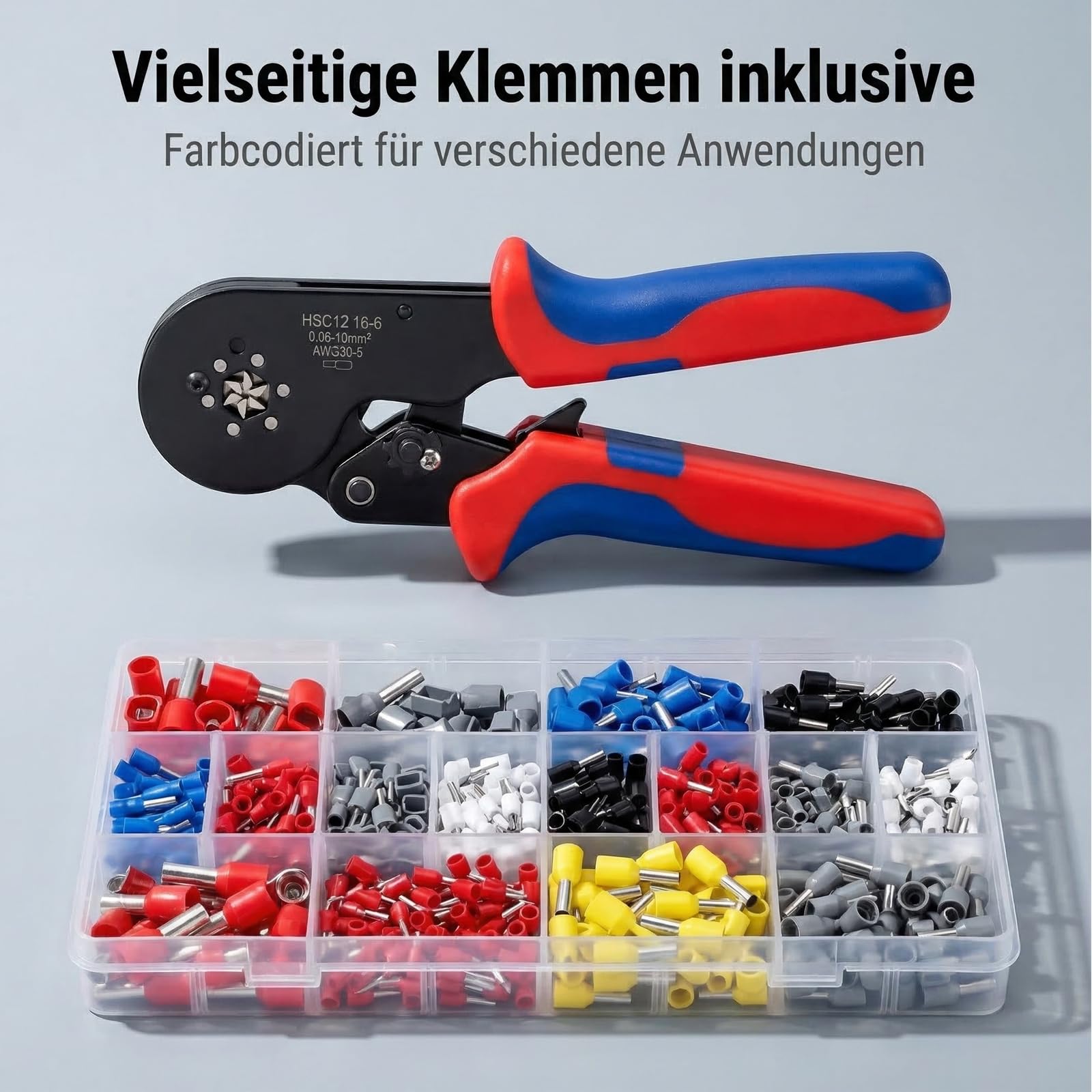Crimpzangen-Set 0,08–16 mm² mit 1500 Aderendhülsen | Selbsteinstellend; gehärteter Stahl; für Einzel- und Doppeladerendhülsen; Elektroinstallation und Schaltschrankbau