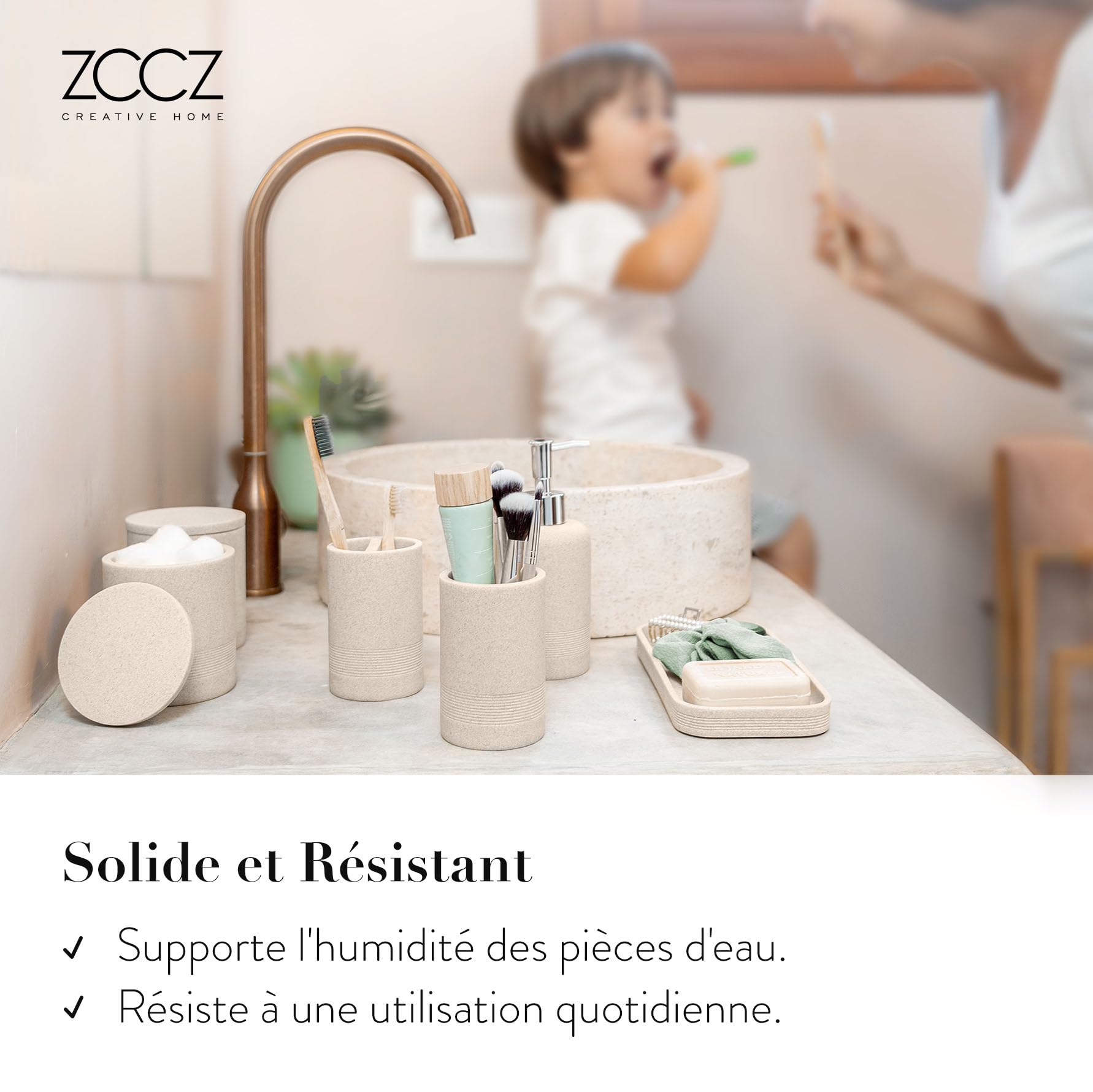 zccz Accessoires Salle de Bain Beige -Decoration Salle de Bain avec Distributeur Savon, Porte Brosse à Dents, 2 Supports QTip et gobelet
