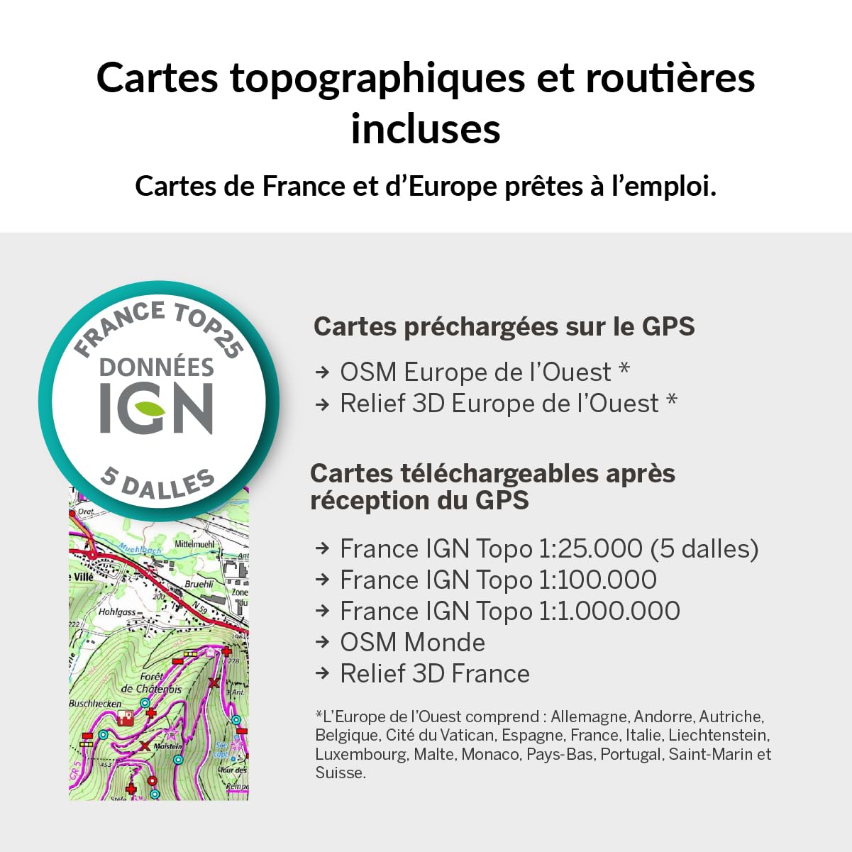 TwoNav Terra (32 Go) + Carte 5 Dalles de France IGN Top25, GPS de Sports avec écran Large 3,7 Pouces pour Montagne, randonnée, VTT, vélo