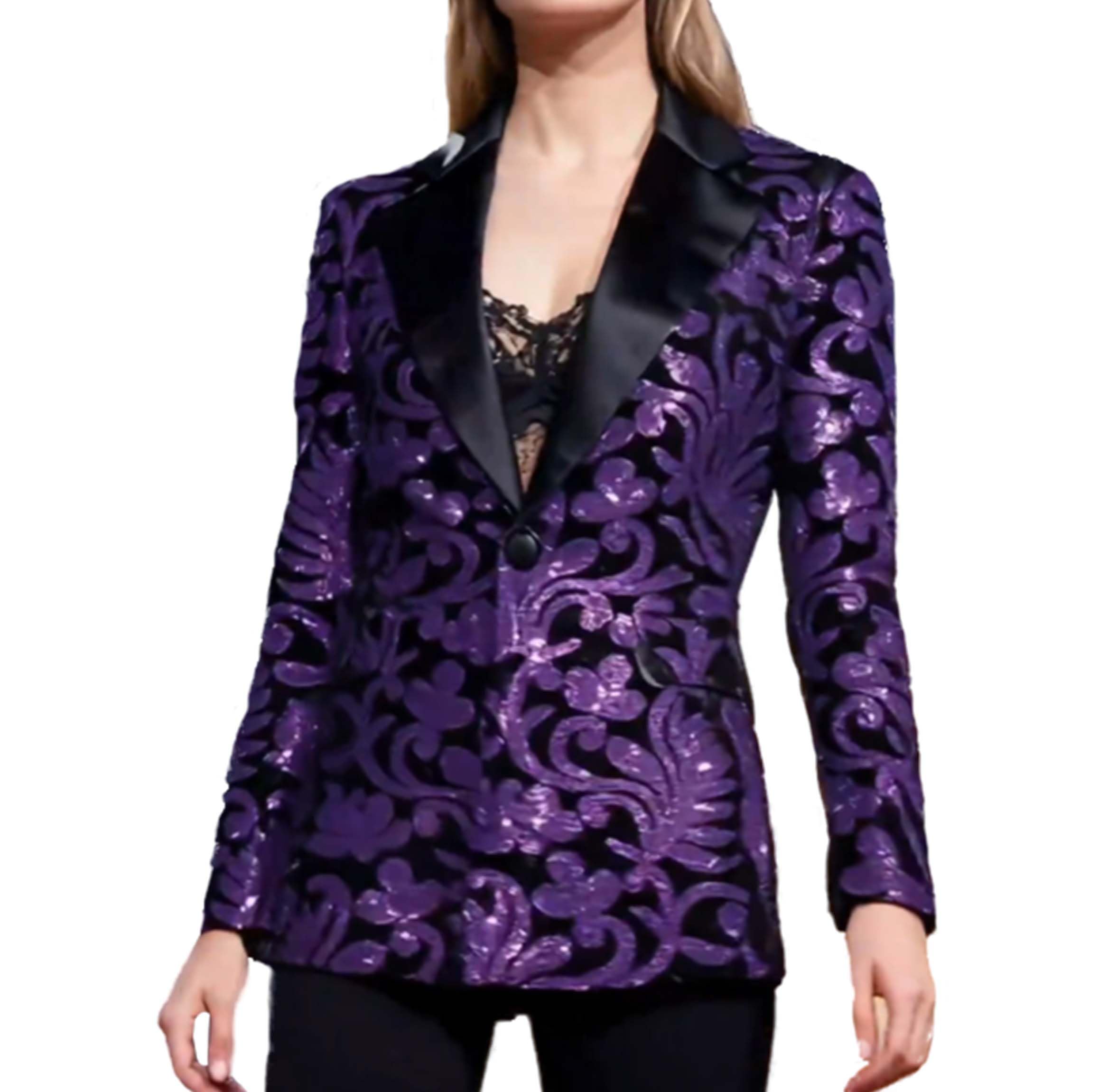Womens Plus Size Luxury Baroque Floral Embroidery with Sparkling Sequins Formal Evening Jacket Blazer