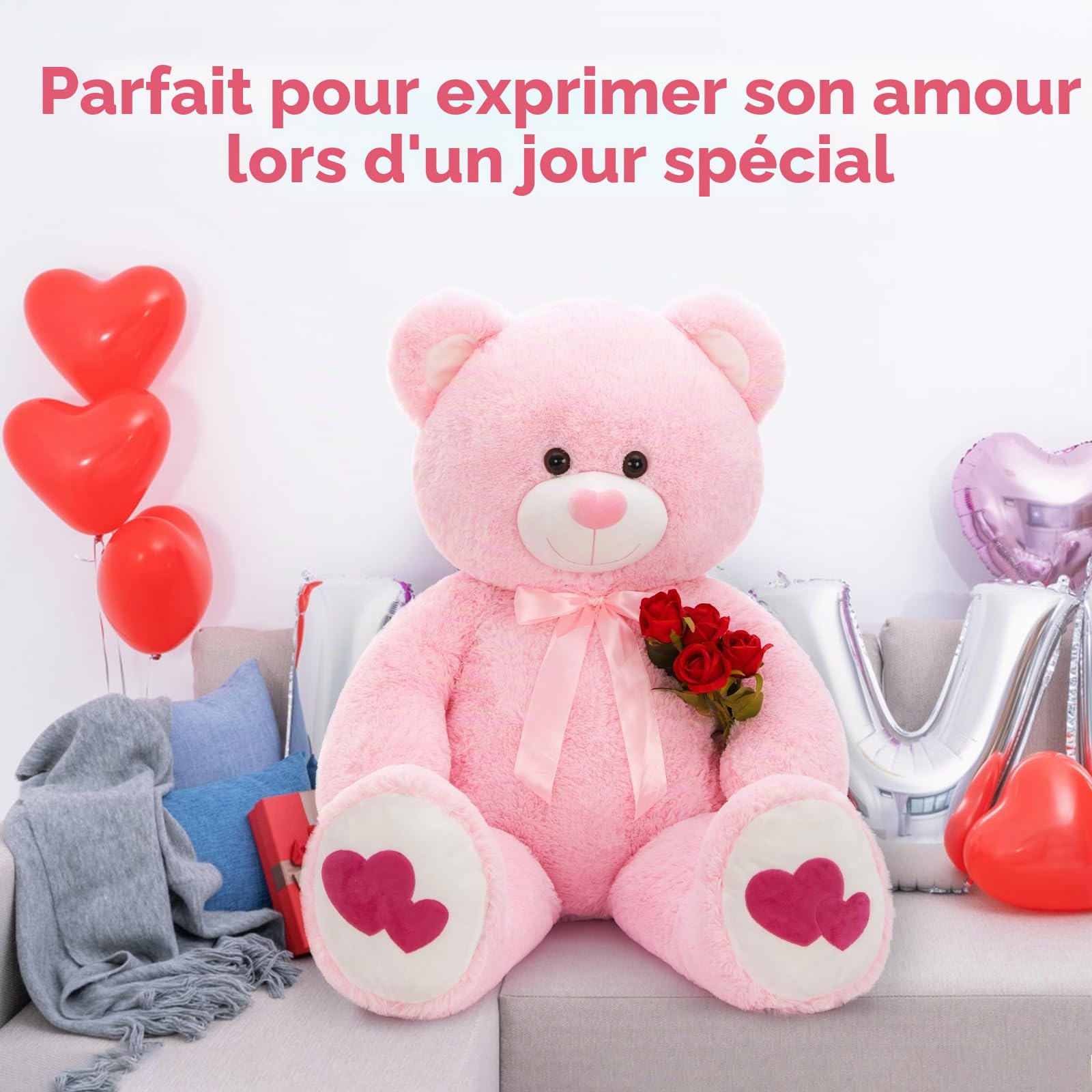 MorisMos Ours en Peluche Géant 120cm - Nounours XXL, Peluche Ours Rose Douce et Câline, Cadeau d'amour pour Petite Amie, Femme, Enfant, Filles, Amoureux, Noël & Anniversaire