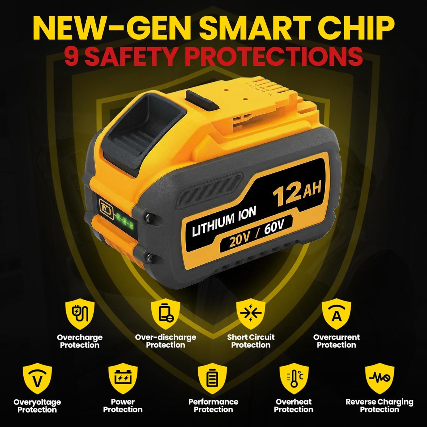 4 Pack 60V Battery 12Ah Replacement for Dewalt, 60 Volt High Capacity Battery DCB606 DCB609 DCB612, Compatible with Dewalt 20V 60V Cordless Power Tools