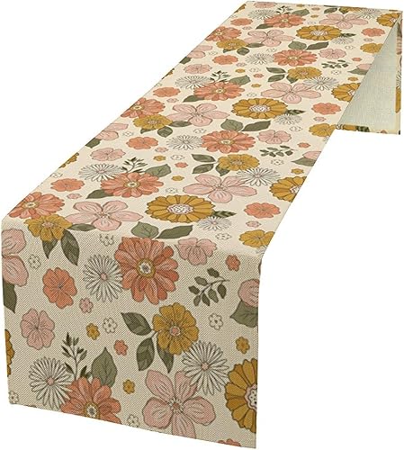 Miniatura 42 de Camino de mesa floral de margaritas, flores amarillas retro de los años 70, ondas abstractas, estilo hippie, moderno, camino de mesa para cocina,