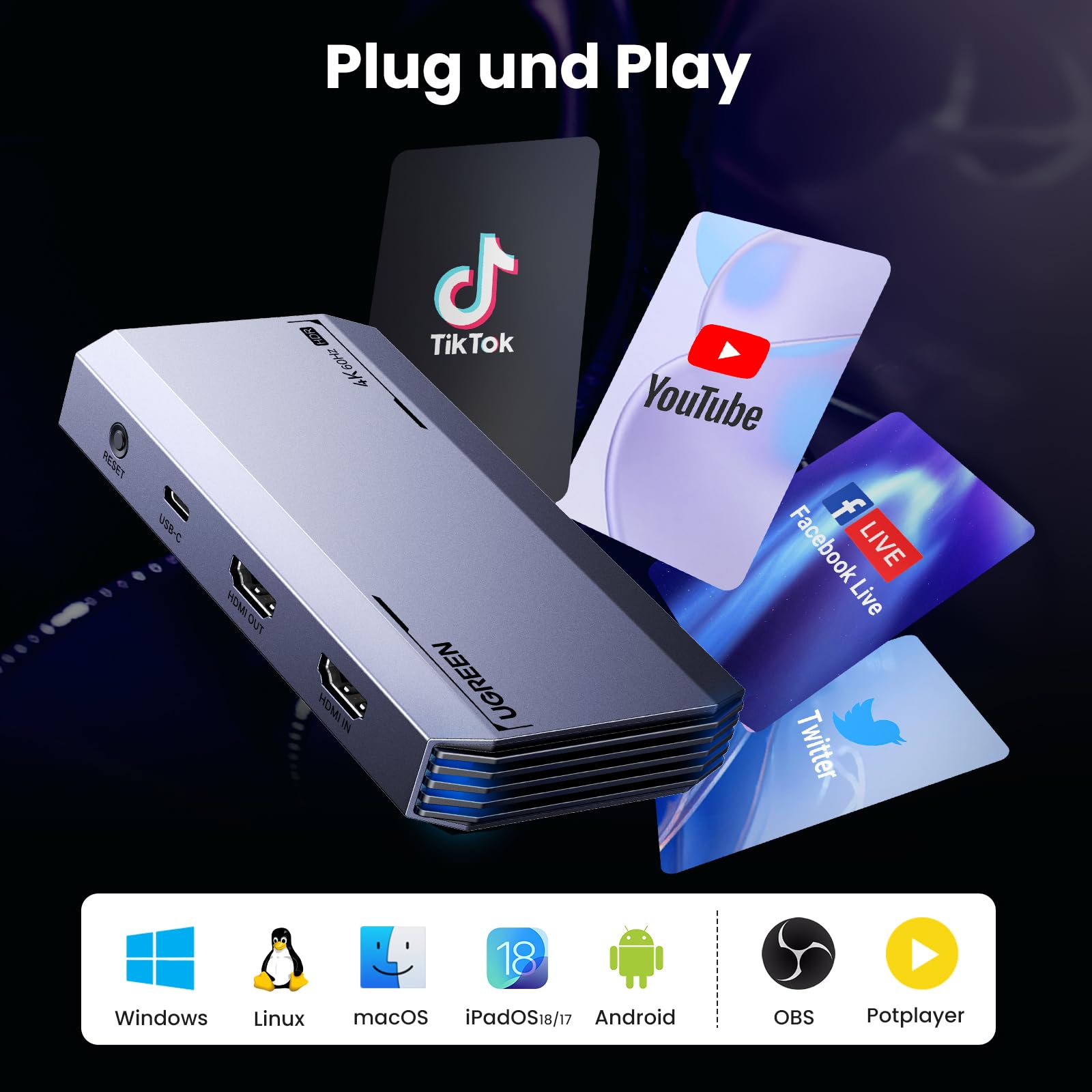 UGREEN Video Capture Card, HDMI Capture Card, USB 3.0 Video Aufnahmekarte 4K HDMI Loop-Out, 4K60Hz / 2K144Hz Videospiel-Capture für Streaming, funktioniert mit PS5/Switch/Switch2/Kamera/PC/Mac mini 4
