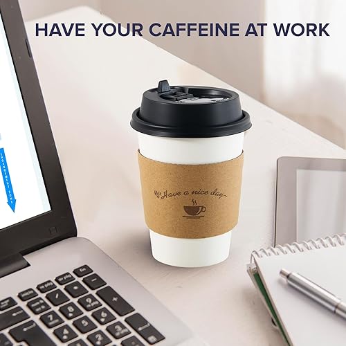 Miniatura 5 de LITOPAK Paquete de 100 tazas de café de 12 onzas con tapas, tazas de café para llevar con tapas y fundas Kraft, taza de café blanca para bebidas