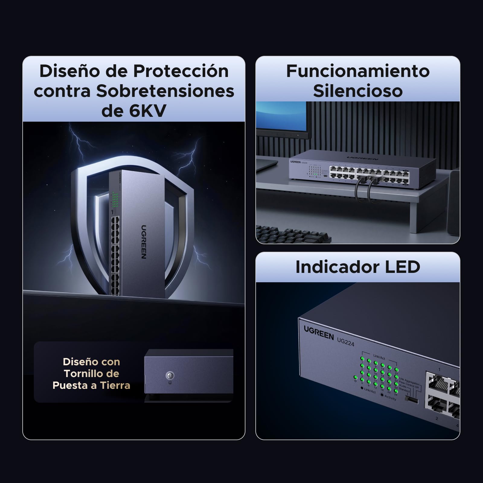 UGREEN Switch Ethernet Gigabit 24 Puertos Montaje en Sobremesa o Pared | Ethernet 1000Mbps Hub Red LAN Splitter para Oficina y Hogar Multipuerto RJ45 Compatible con PC TV Impresora Cámara Router