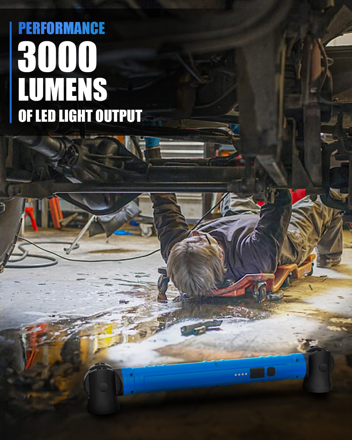 Luce da lavoro magnetica ricaricabile, 3000 lm, con ganci e base girevole, 6000 mAh, senza fili, per riparazioni auto, garage, ispezioni in officina