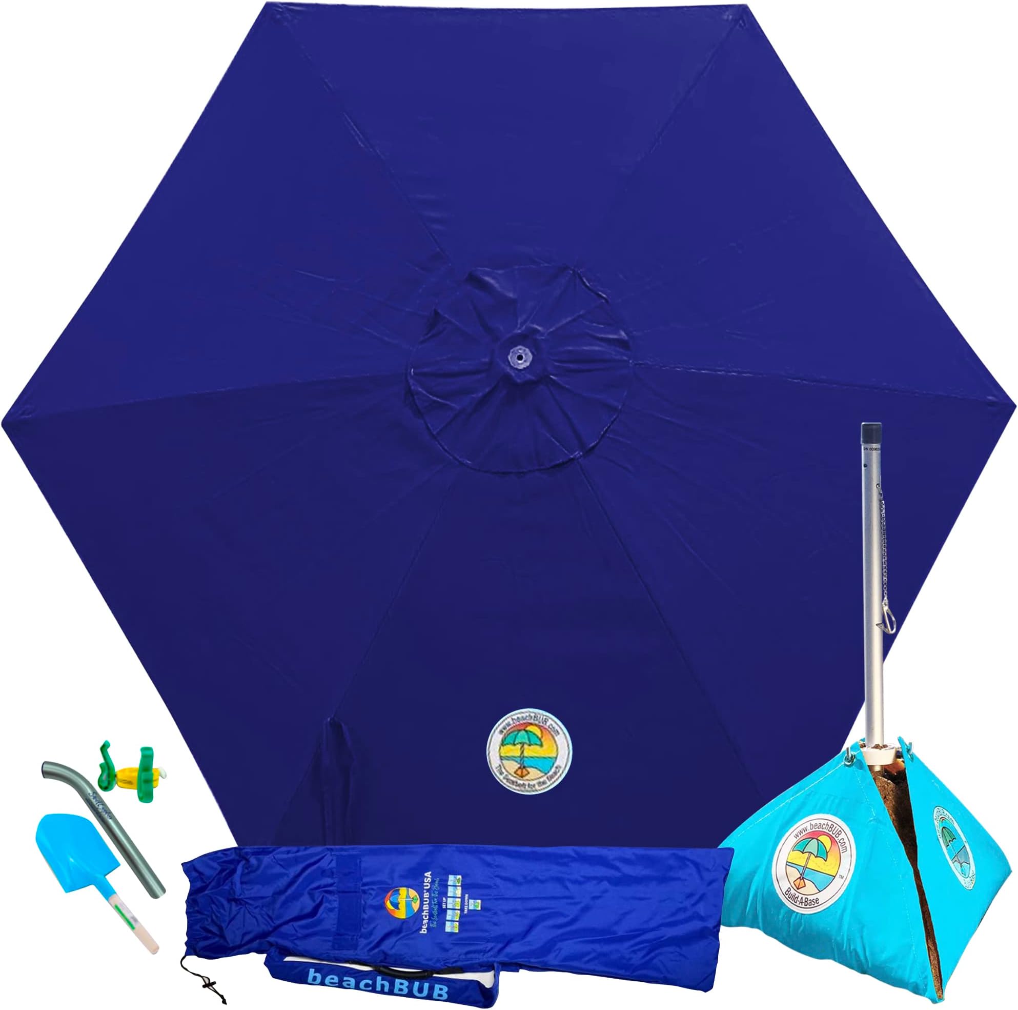BEACHBUB ALL-IN-ONE BEACH UMBRELLA SYSTEM. Includes ULTRA Base (compliant with the ASTM F3681-24 Beach Umbrella Safety Standard). (Deep Ocean Blue)