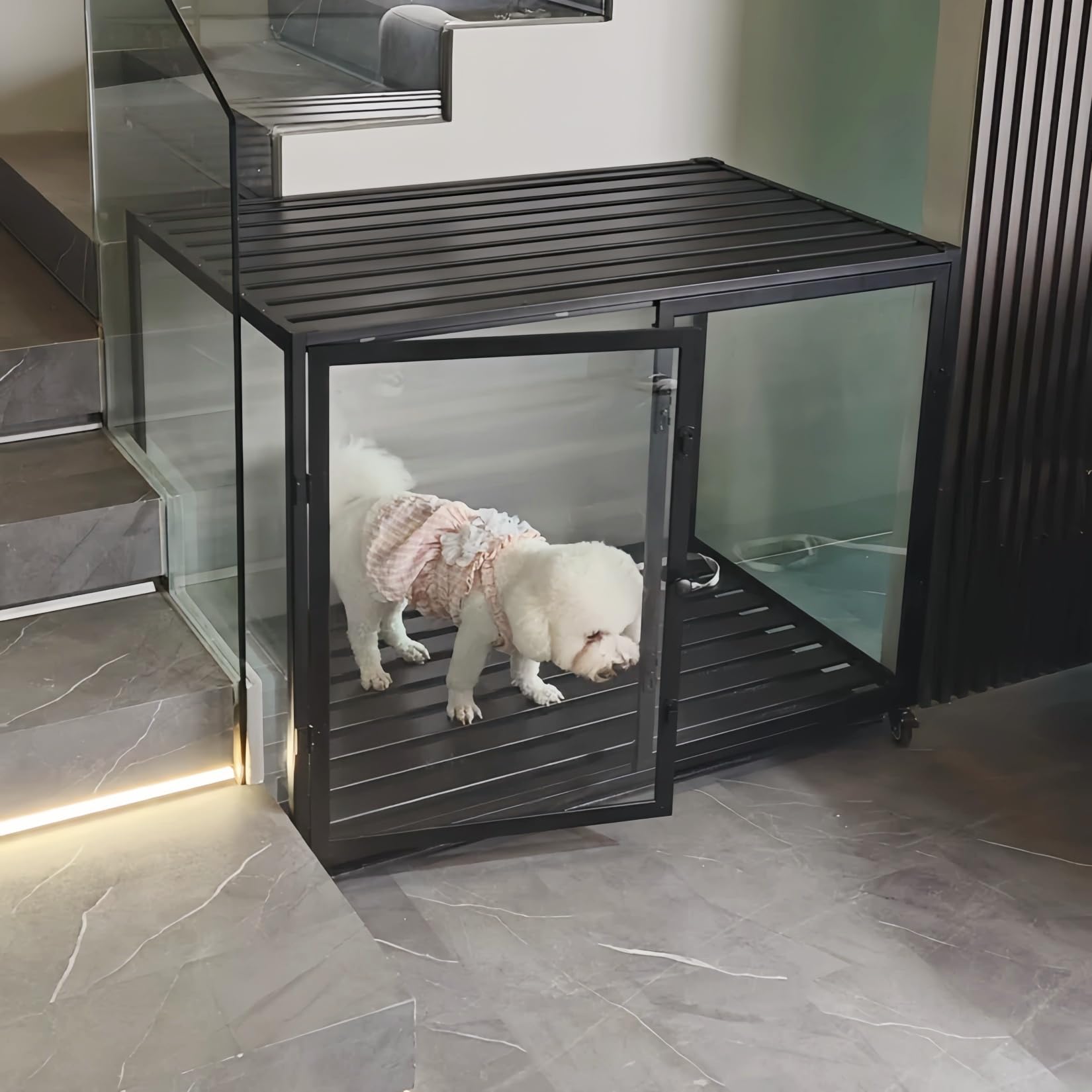 BingoPaw Hundekäfig Möbel Hundebox Indoor: Hundeboxen im Möbelstil aus Aluminium und gehärtetem Glas, Modern Hundehaus für kleine Hunde bis 50kg, M: 76x58.5x66.5 cm, schwarz