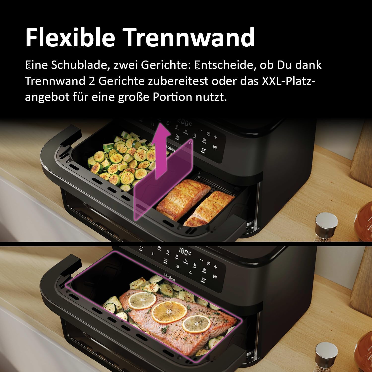 Haier Heißluftfritteuse Flex | 11 L Airfryer Dual mit herausnehmbarer Trennwand & Sichtfenster für 9 Portionen | 8 Funktionen | spülmaschinenfest