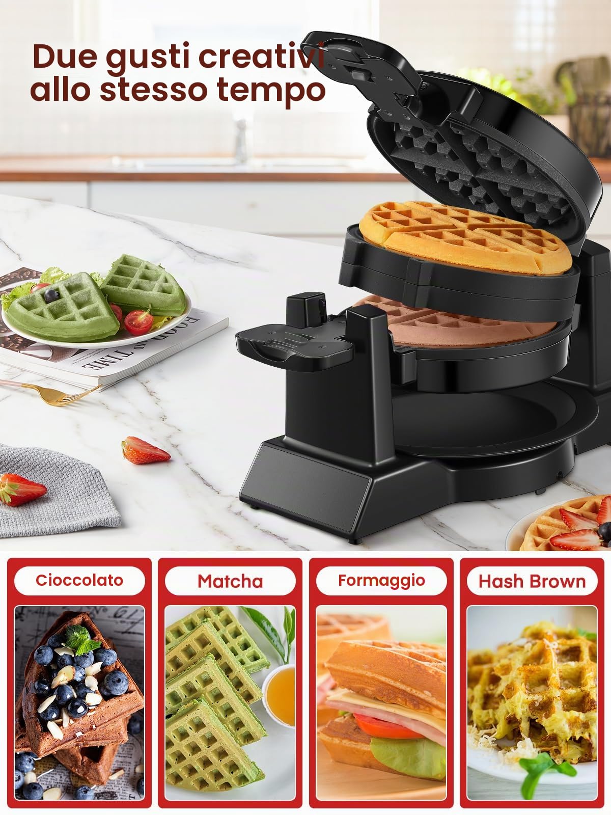 Waffle Maker, 1400 W doppio waffle belga 180° Flip, 8 fette in 3 minuti, piastre girevoli e antiaderenti, antigraffio, vassoio antigoccia rimovibile facile da pulire, manico fresco al tatto,
