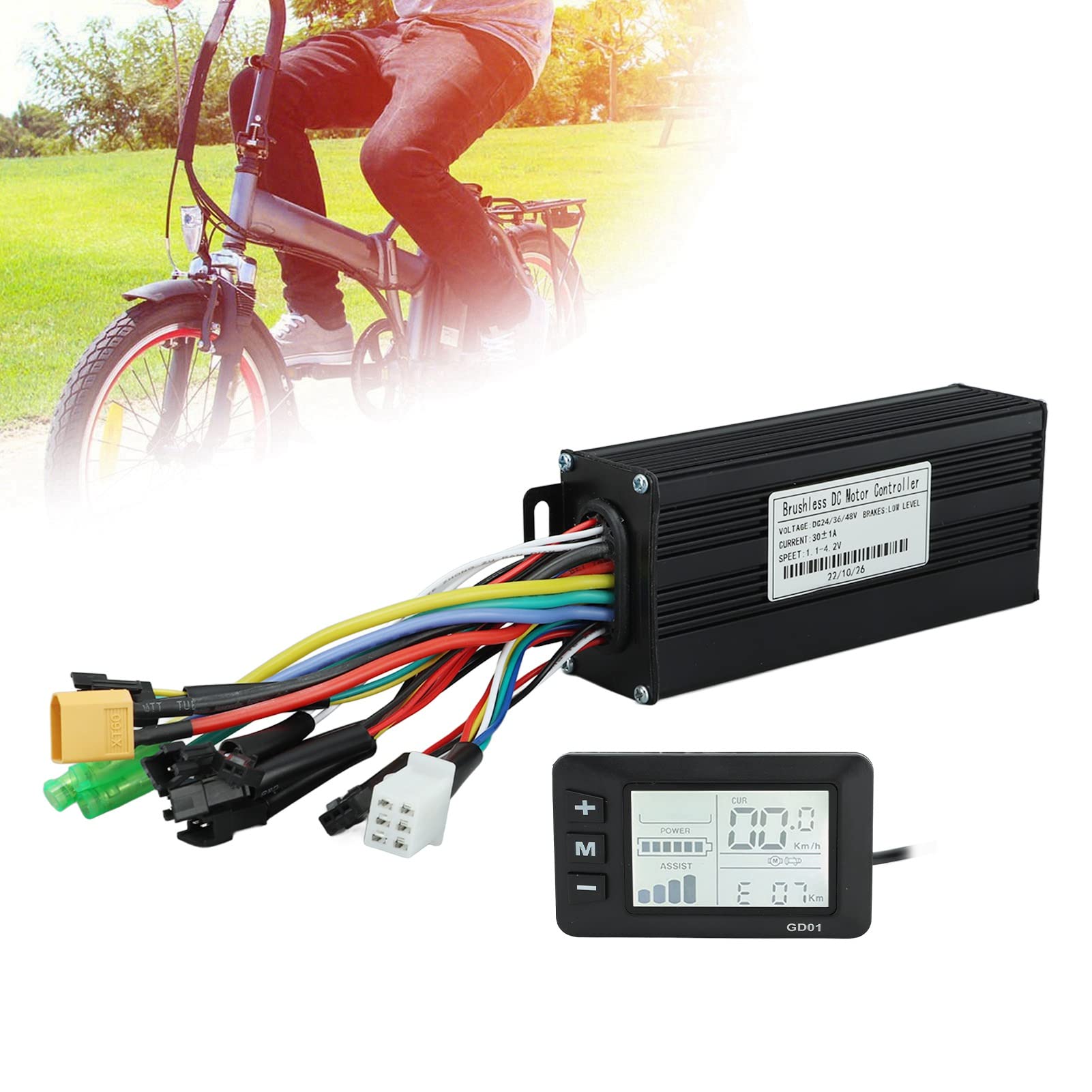 BuyWeek Kit Controller Brushless Bici Elettrica Controller Motore Onda Sinusoidale 24V 36V 48V 1000‑1500W 30A 3 Modalità con GD01 Display LCD