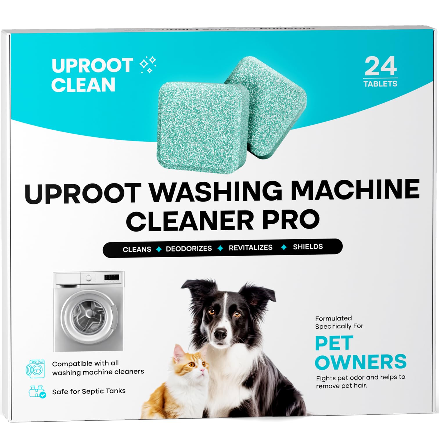 Uproot Clean Washing Machine Cleaner Tablets - 24 Pack for a 12 Month Supply. Formulated for Pet Owners. Compatible with HE, Top & Front Load. Easily Removes Residue, Grime, and Odors. Septic Safe.