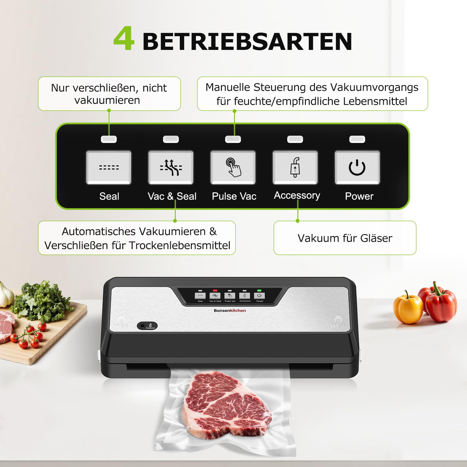 Bonsenkitchen Vakuumiergerät für Lebensmittel, Kompakt, Mehrfach-Modi, inkl. 1 Rolle und 5 Beutel, Schwarz