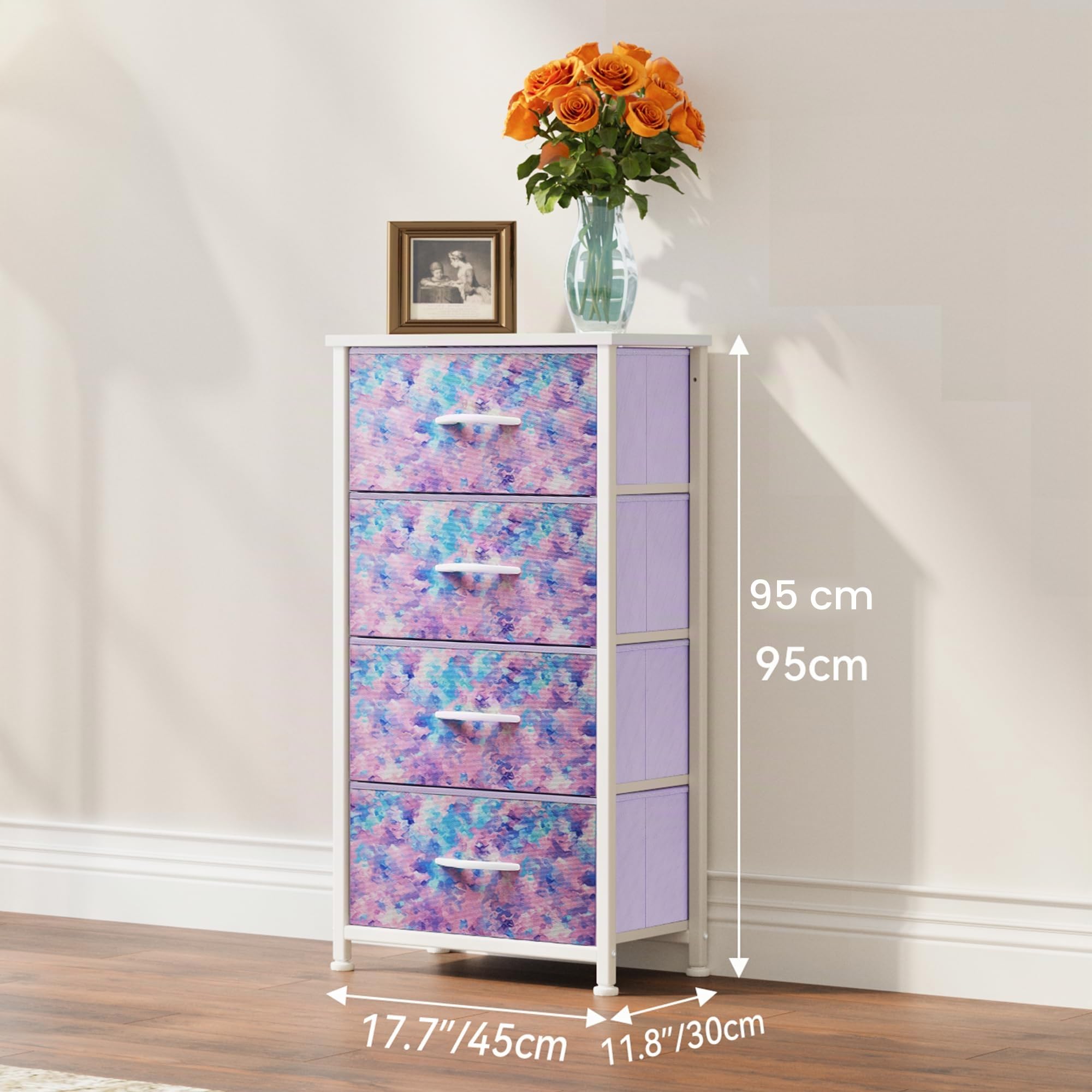 YITAHOME Cassettiera in tessuto,Armadietto con 4 Scomparti,Tiretti Pieghevoli in Tessuto,Struttura in Acciaio,Stampa Viola