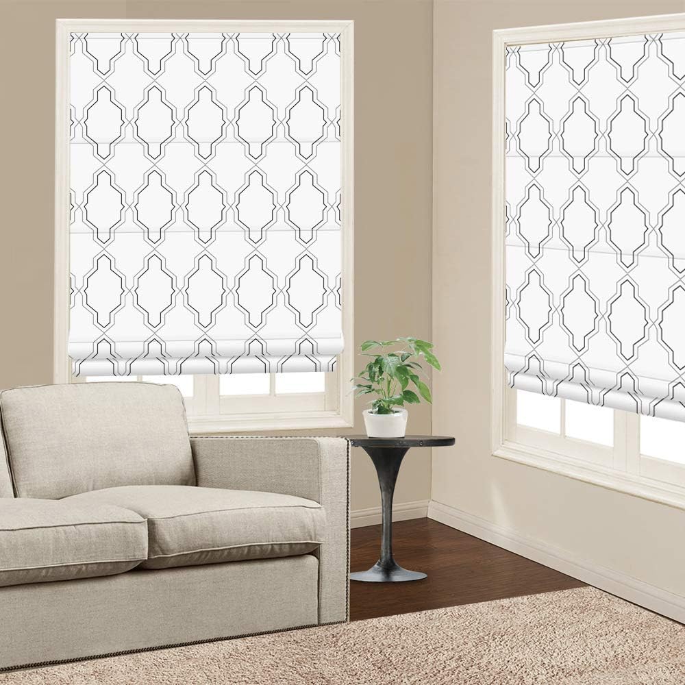 Cordless Roman Shades Window Blinds, White Geometric Premium Blackout Roman Window Shades, Custom Washable Fabric Roman Shades for Windows, Doors, French Doors, Kitchen Windows (1 Piece)