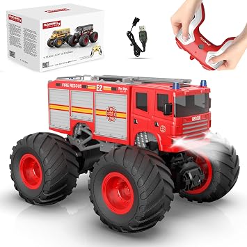 1/18 Remote Control Fire Truck Toy for Kids, 2.4GHz RC Monster Truck Toy with LED Lights & Sound, Rechargeable Electric Vehicle, Gift for Boys Girls