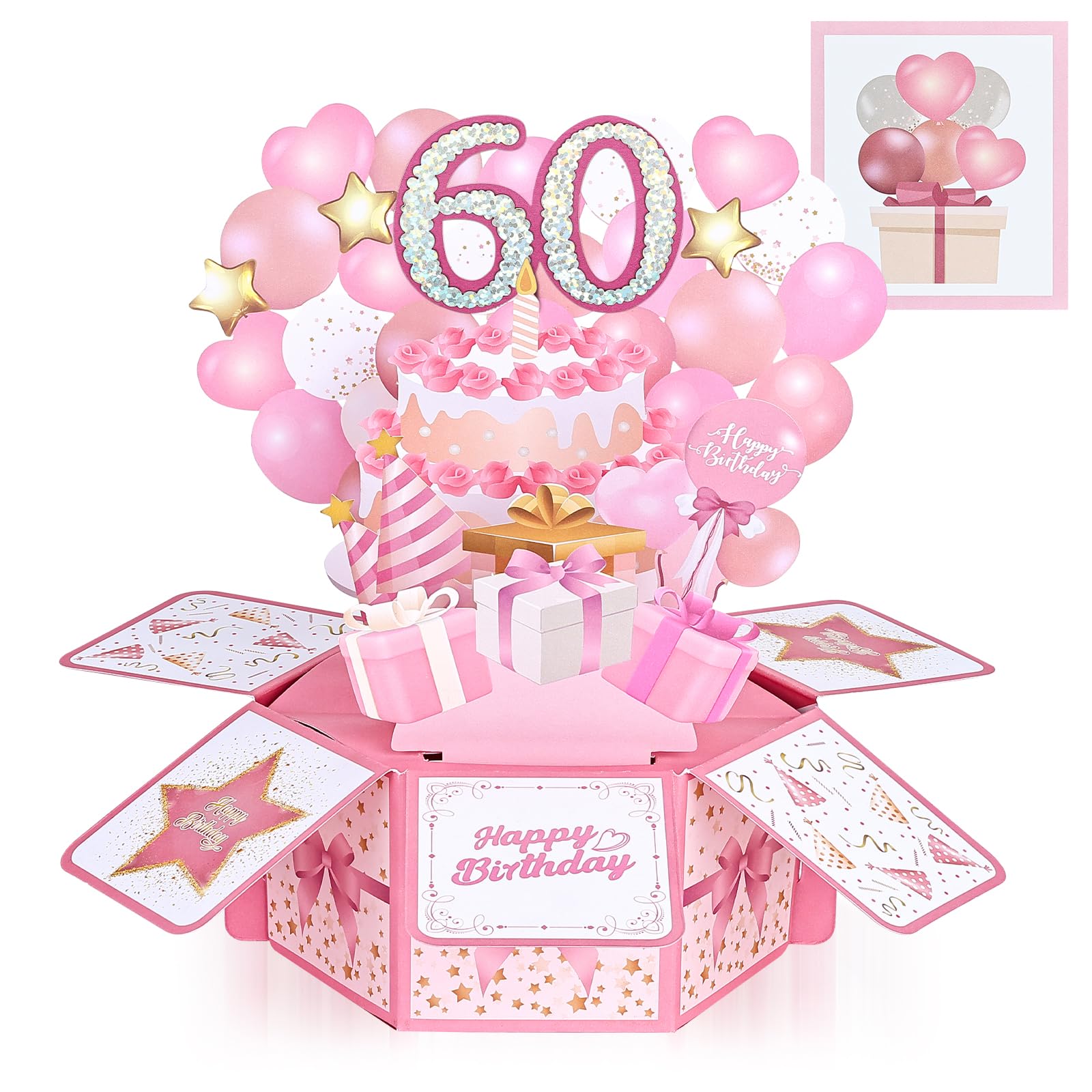 Joyoldelf 60th Birthday Card for Women Mum - 3D Pop Up Birthday Card with Sticky Notes & Envelope, Unique Pink Happy Birthday Greeting Card for Her, 60th Gift for Mum Wife Sister Friend — image 1