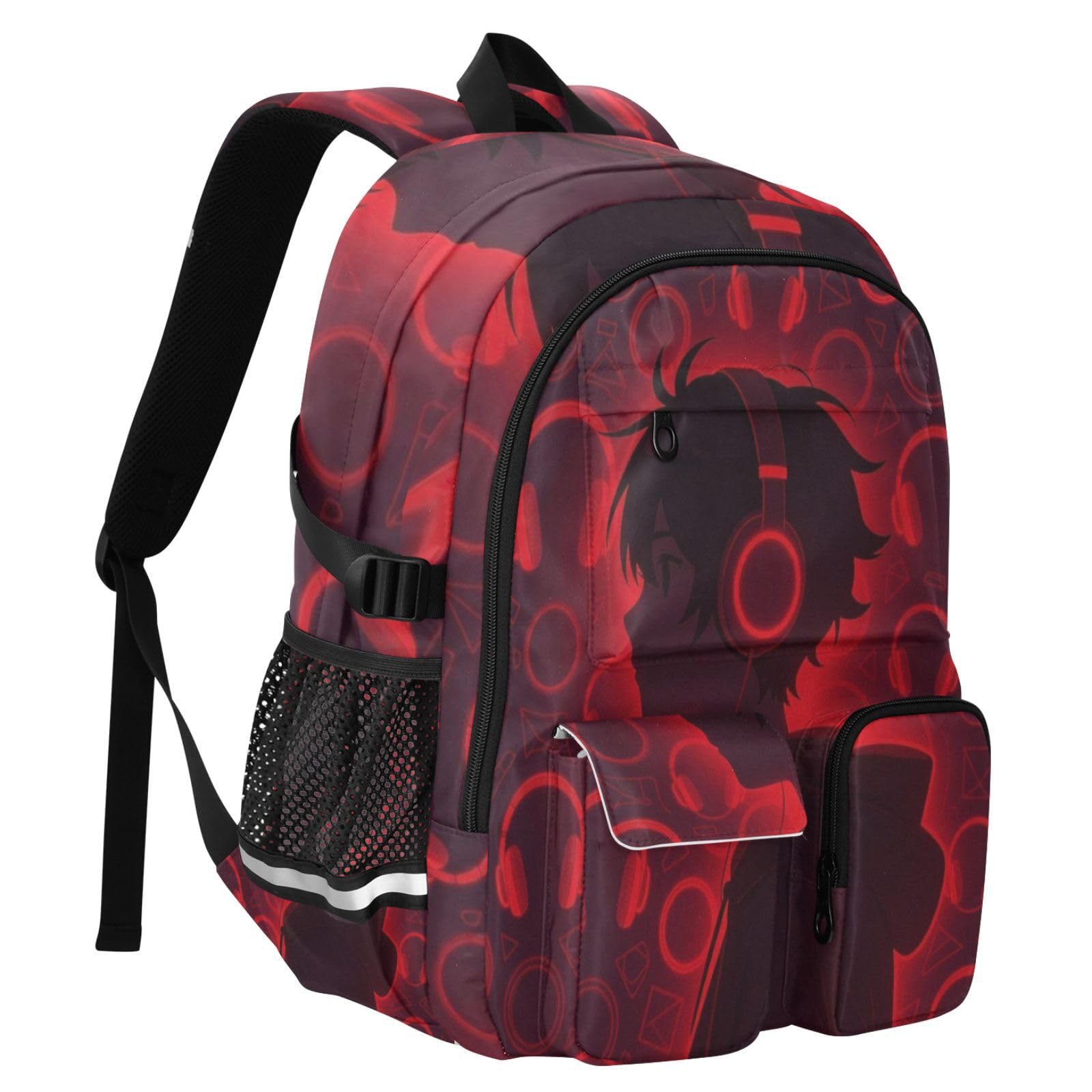 Zaini da viaggio per computer portatile, con motivo anime, con cuffie, colore rosso, 44,5 cm