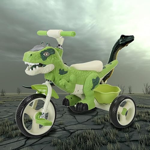 Miniatura 7 de Triciclo de dinosaurio para niños, niños pequeños de 2 a 6 años, triciclo con música, luces LED, cesta de almacenamiento y ruedas de goma, regalo de