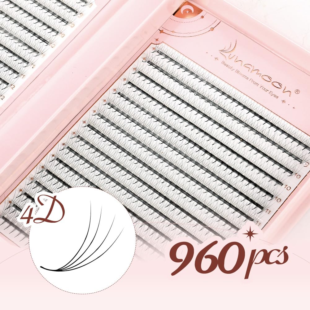 Lunamoon 960pcs Premade Fans Lashes Eyelash Extension 4D Volume Lashes Prefabricated Fan Eyelashes (4D-0.07-D, 8-15mm) - Image 3